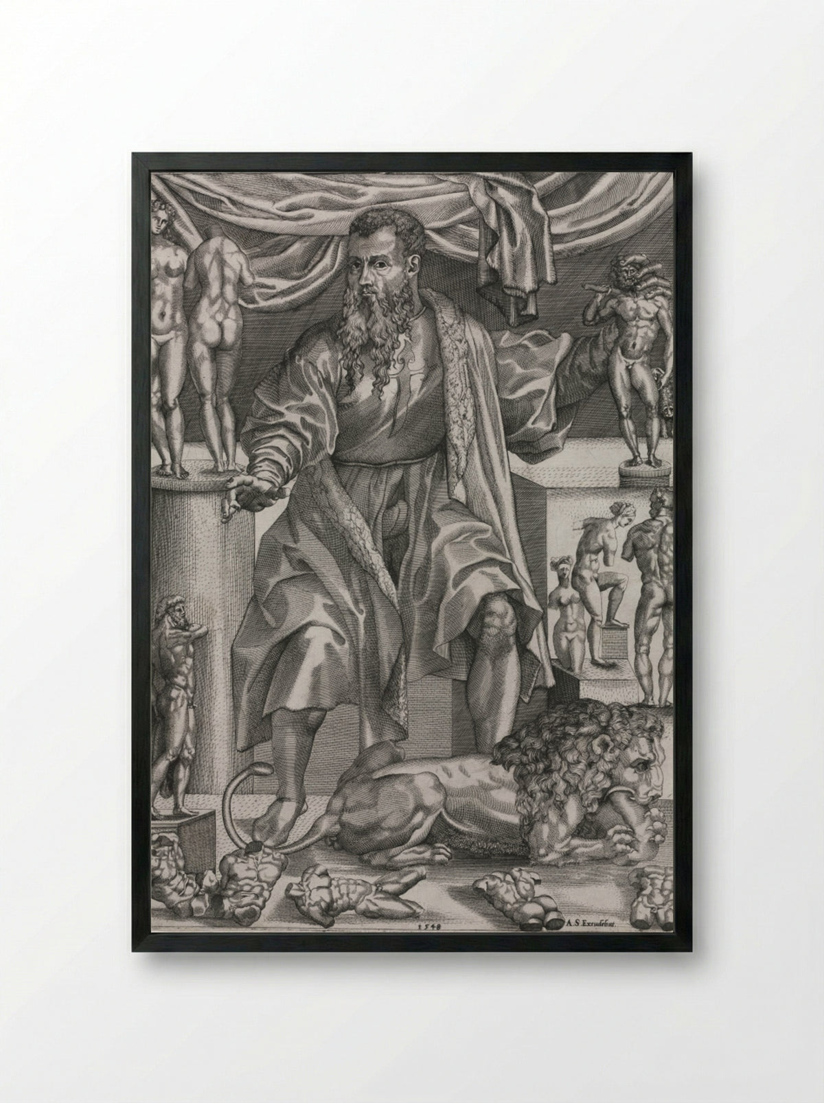 Portrait of Baccio Bandinelli with Lion - Nicolo della Casa - Framed Print Black