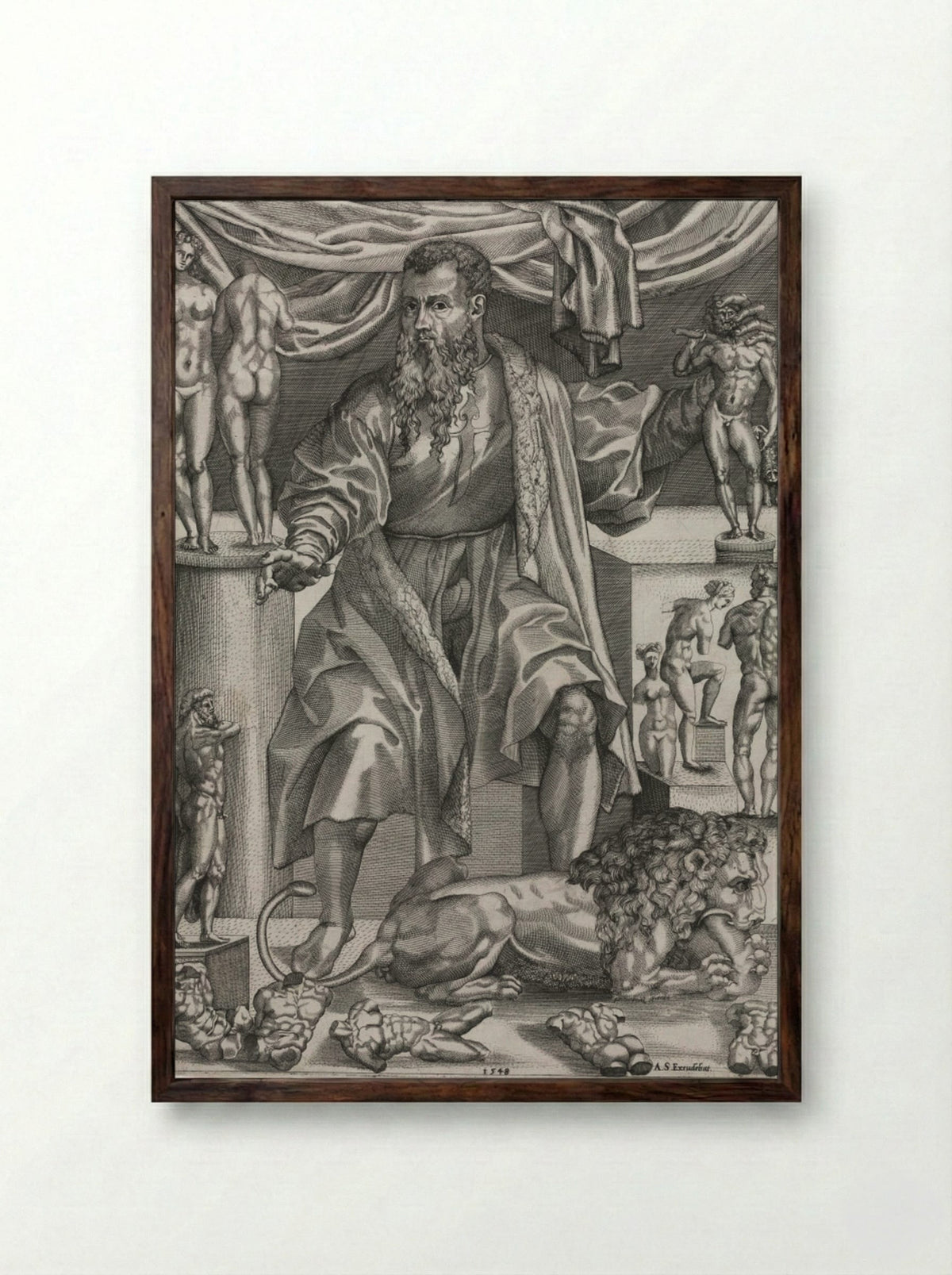 Portrait of Baccio Bandinelli with Lion - Nicolo della Casa - Framed Print Dark Wood