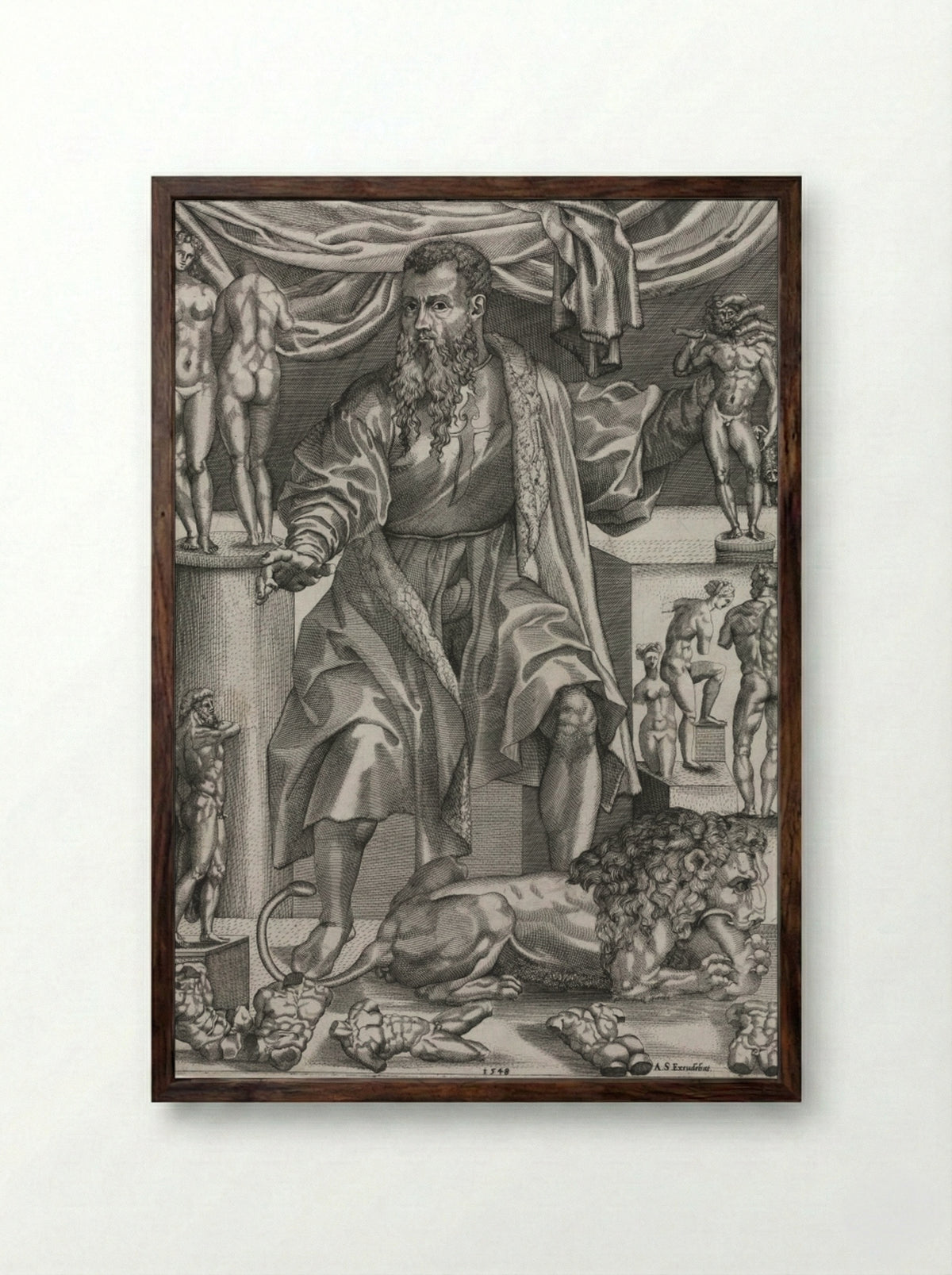 Portrait of Baccio Bandinelli with Lion - Nicolo della Casa - Framed Print Dark Wood