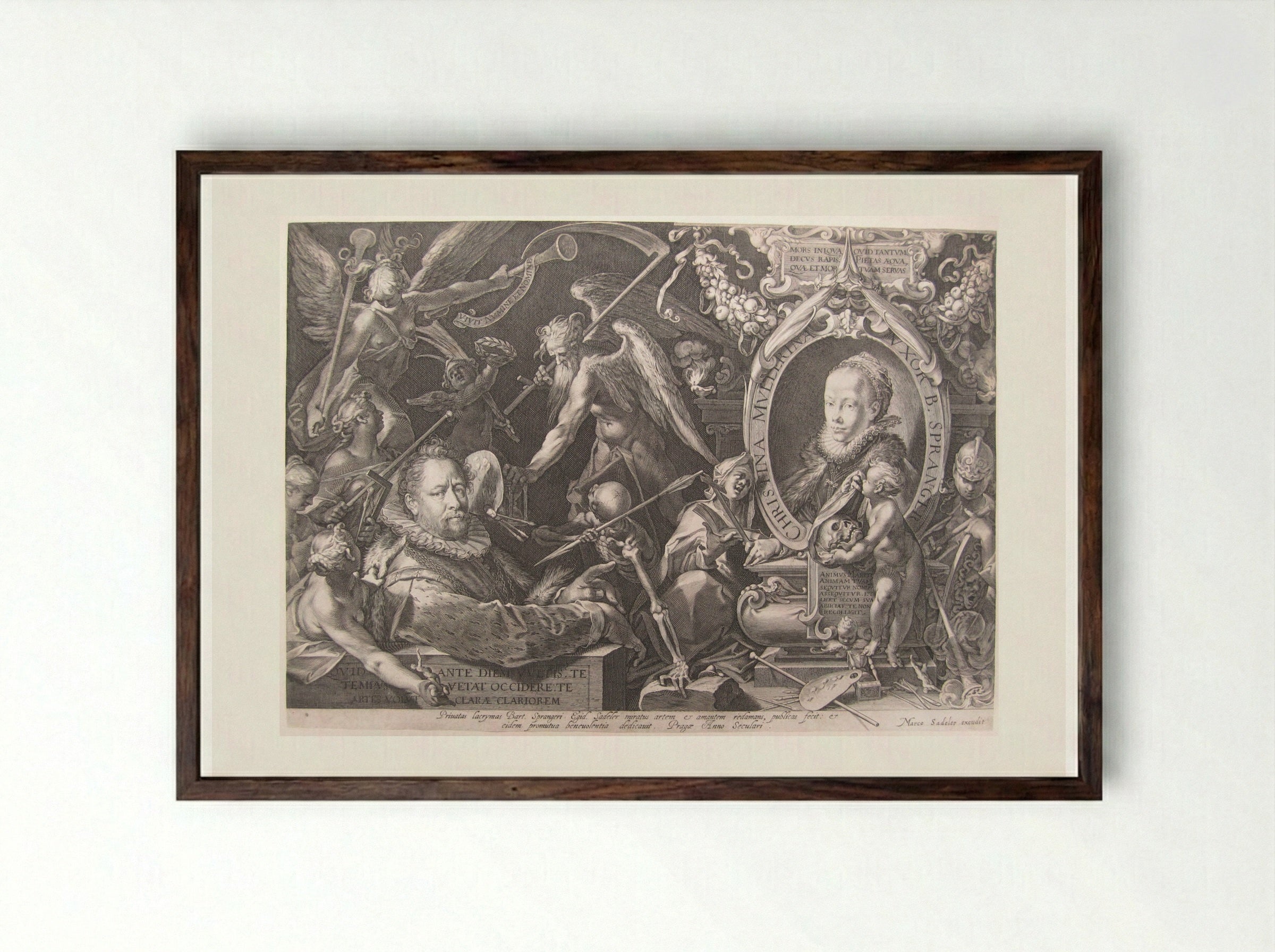 Portrait of Bartholomeus Spranger and His Deceased Wife Christina Muller - Aegidius Sadeler II - Framed Print Dark Wood