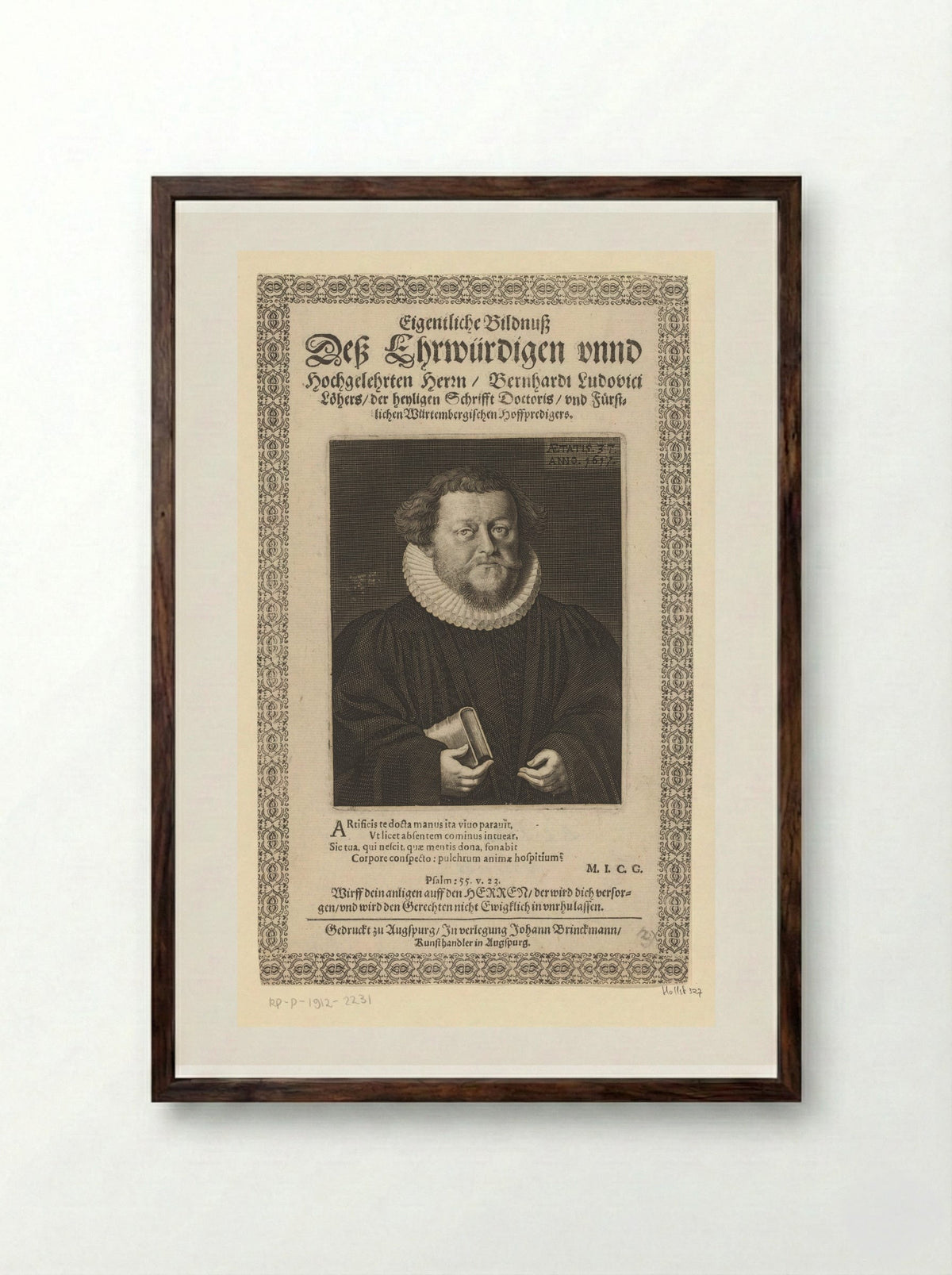 Portrait of Bernhard Ludwig Löher at Age 37 - Lucas Kilian - Framed Print Dark Wood