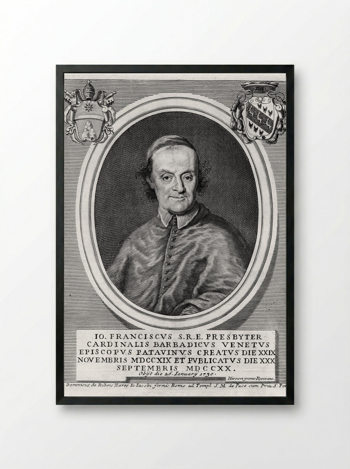 Portrait of Cardinal Giovanni Francesco Barbarigo - Hieronymus Rossi - Framed Print Black