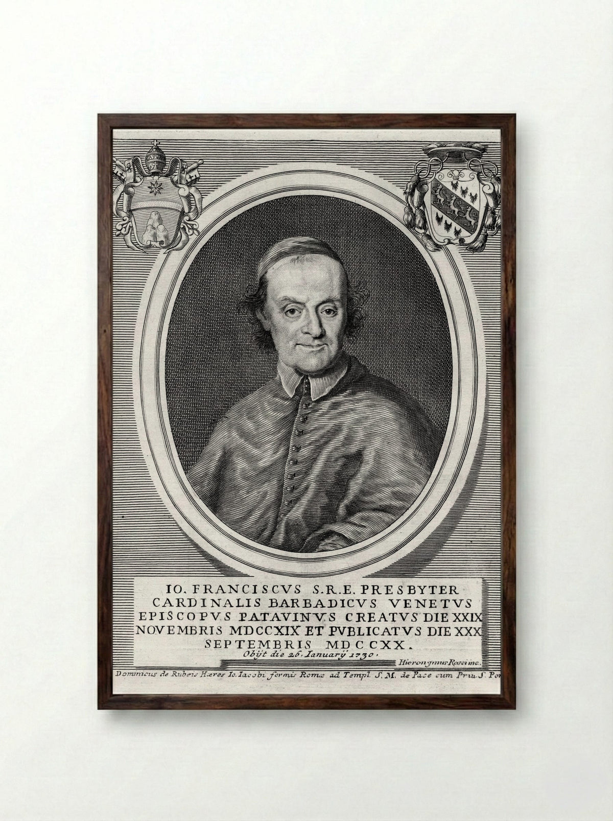 Portrait of Cardinal Giovanni Francesco Barbarigo - Hieronymus Rossi - Framed Print Dark Wood