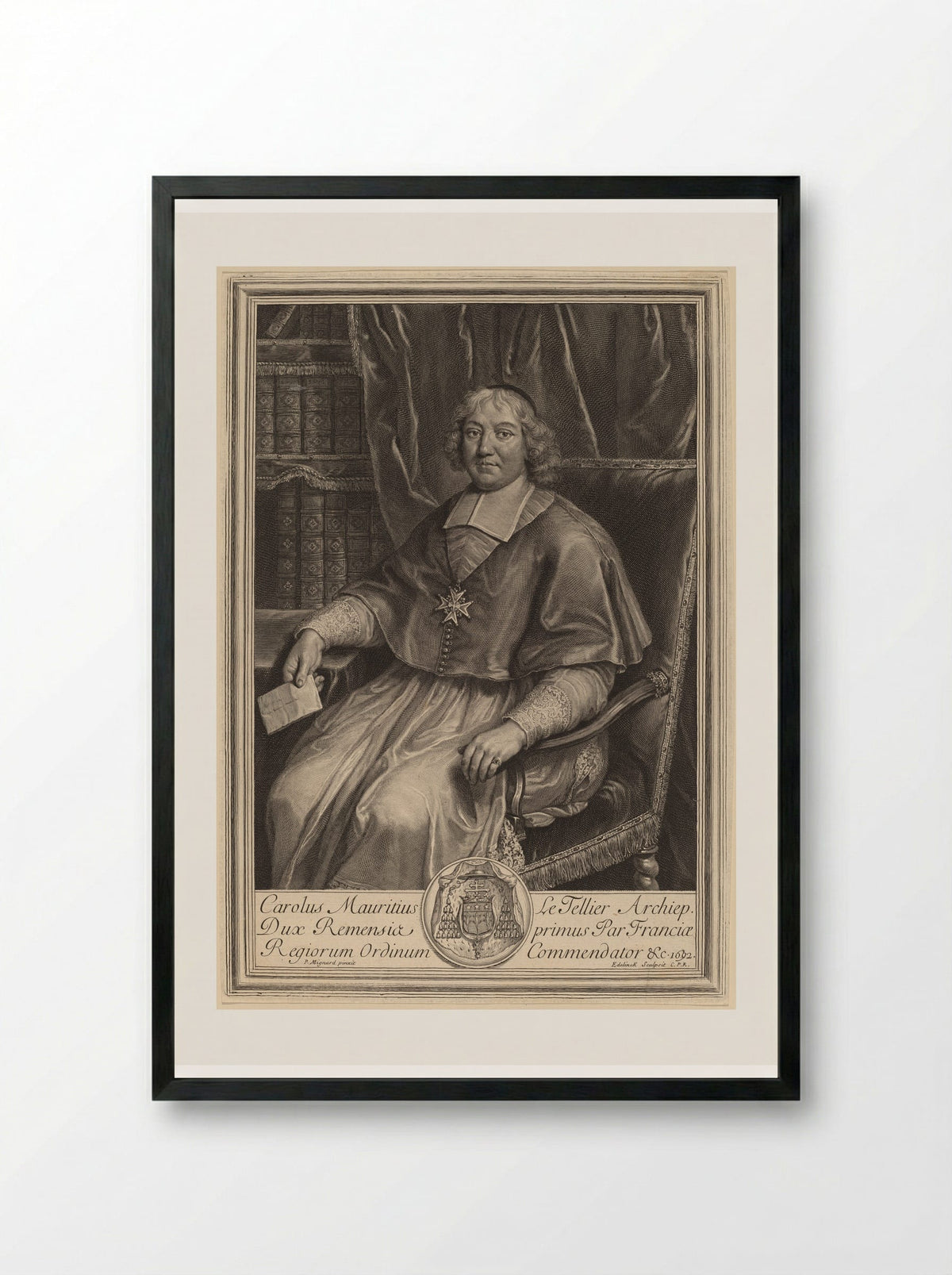 Portrait of Charles Maurice Le Tellier - Gérard Edelinck - Framed Print Black