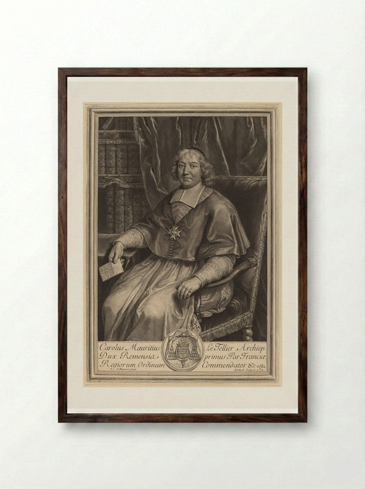 Portrait of Charles Maurice Le Tellier - Gérard Edelinck - Framed Print Dark Wood