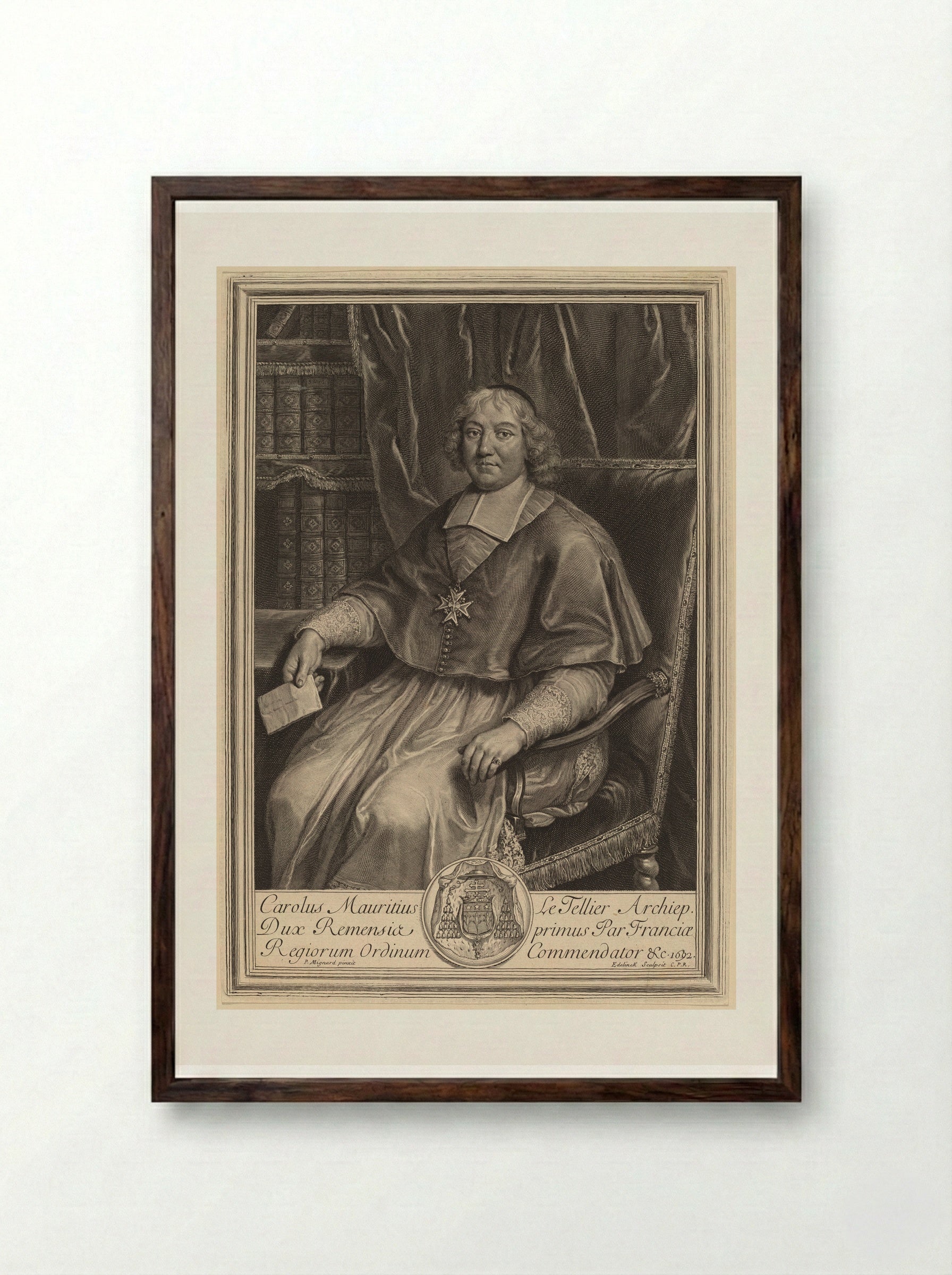 Portrait of Charles Maurice Le Tellier - Gérard Edelinck - Framed Print Dark Wood