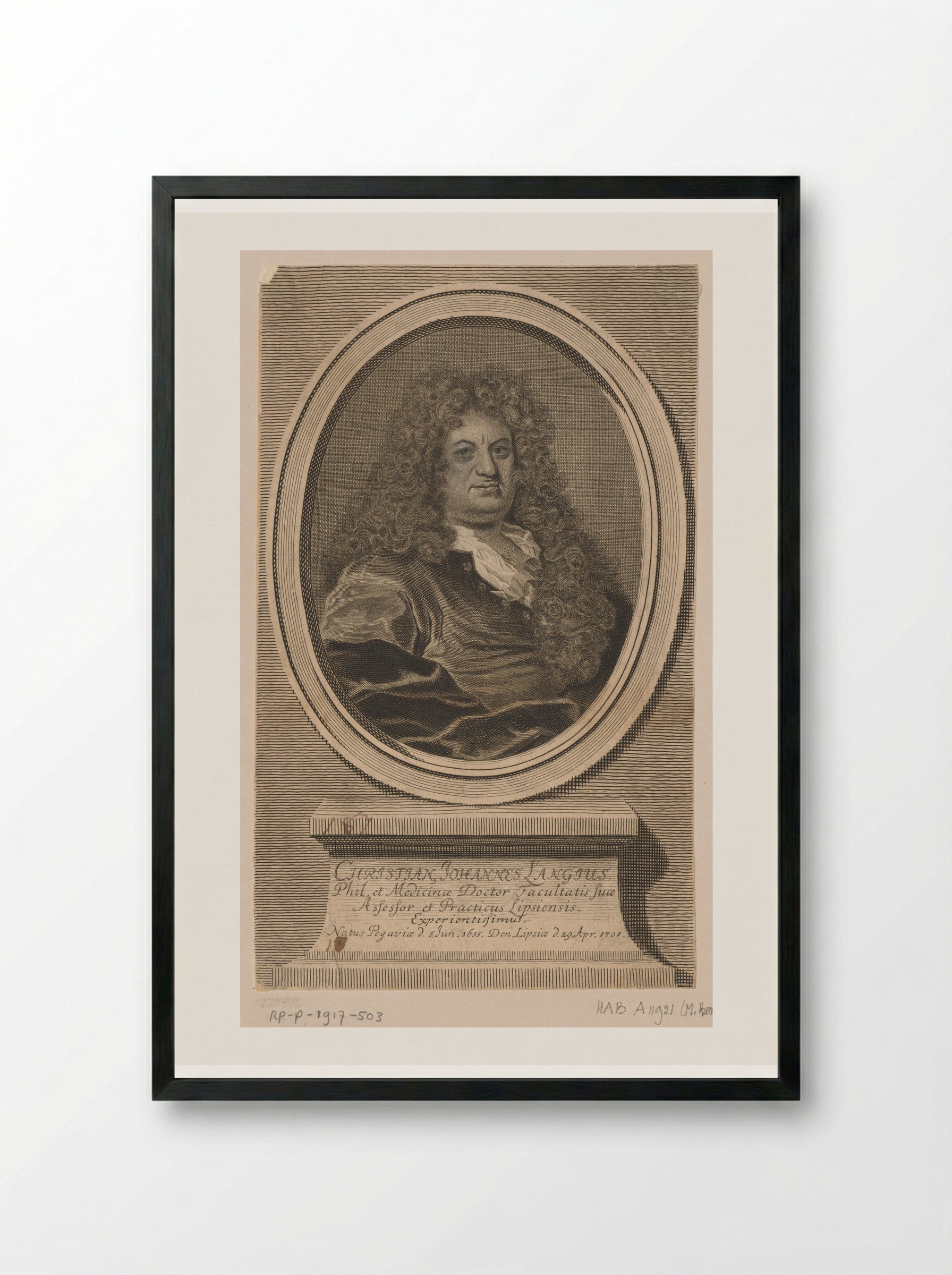 Portrait of Christian Johannes Langius - Johann Martin Bernigeroth - Framed Print Black