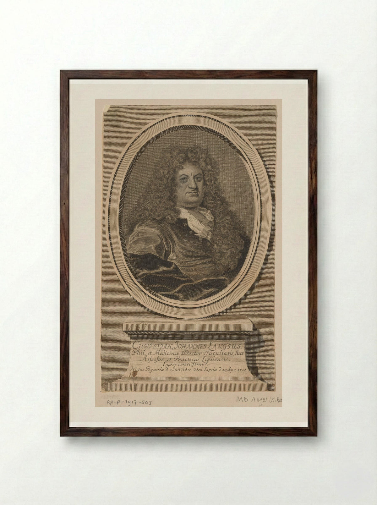Portrait of Christian Johannes Langius - Johann Martin Bernigeroth - Framed Print Dark Wood