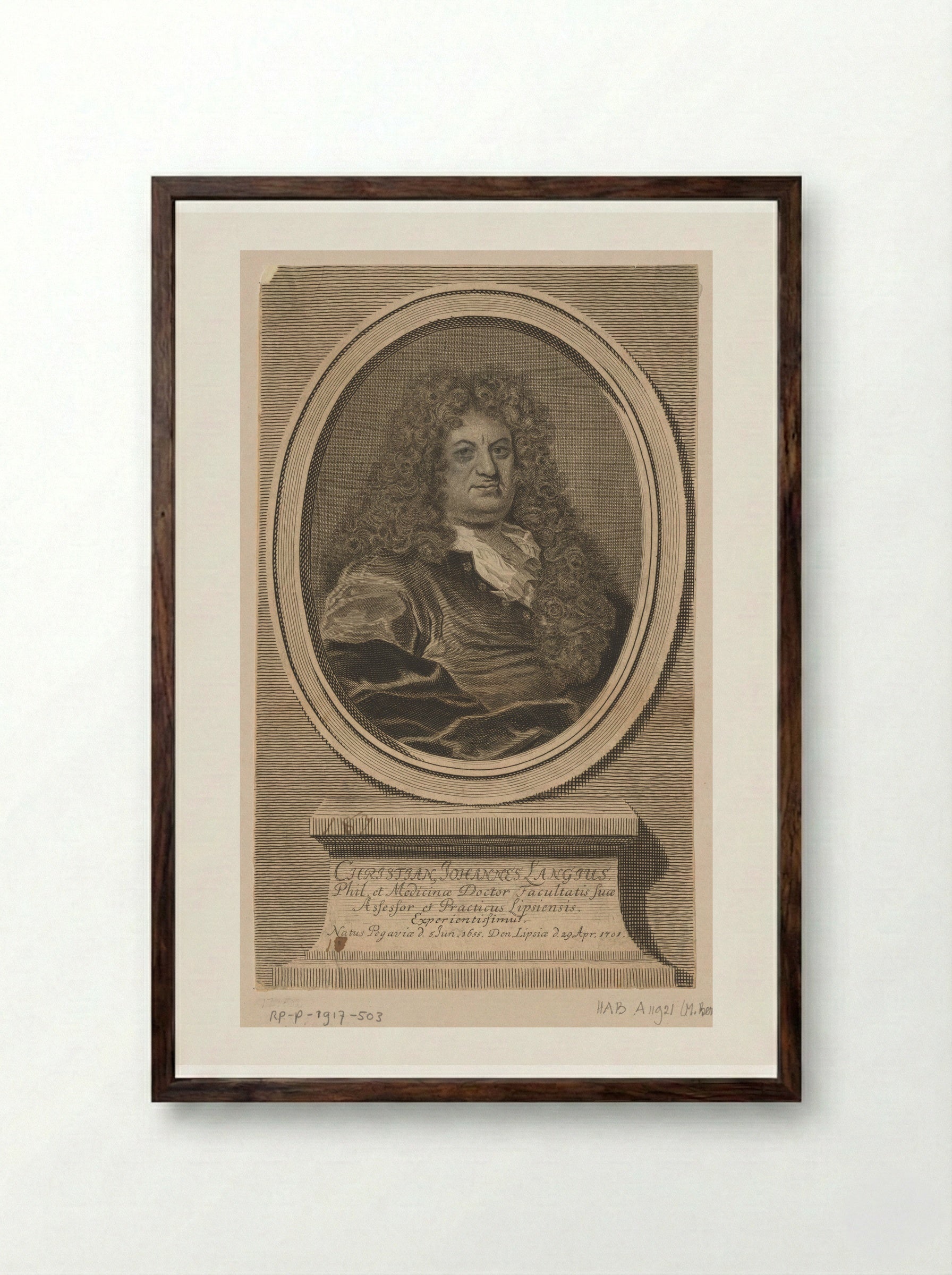 Portrait of Christian Johannes Langius - Johann Martin Bernigeroth - Framed Print Dark Wood