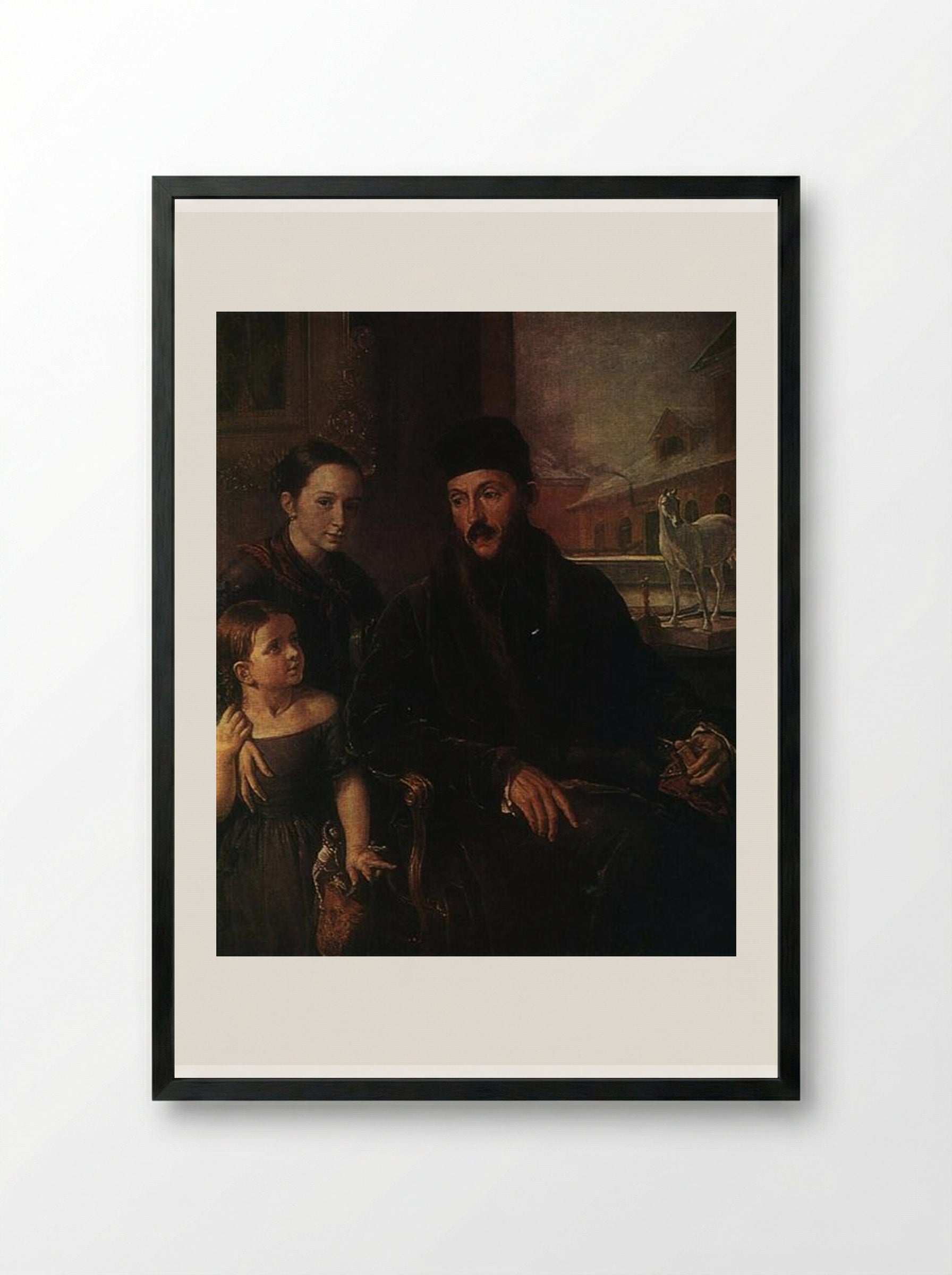 Portrait of D. P. Voyeikov with His Daughter and the Governess Miss Sorock - Vasily Tropinin - Framed Print Black