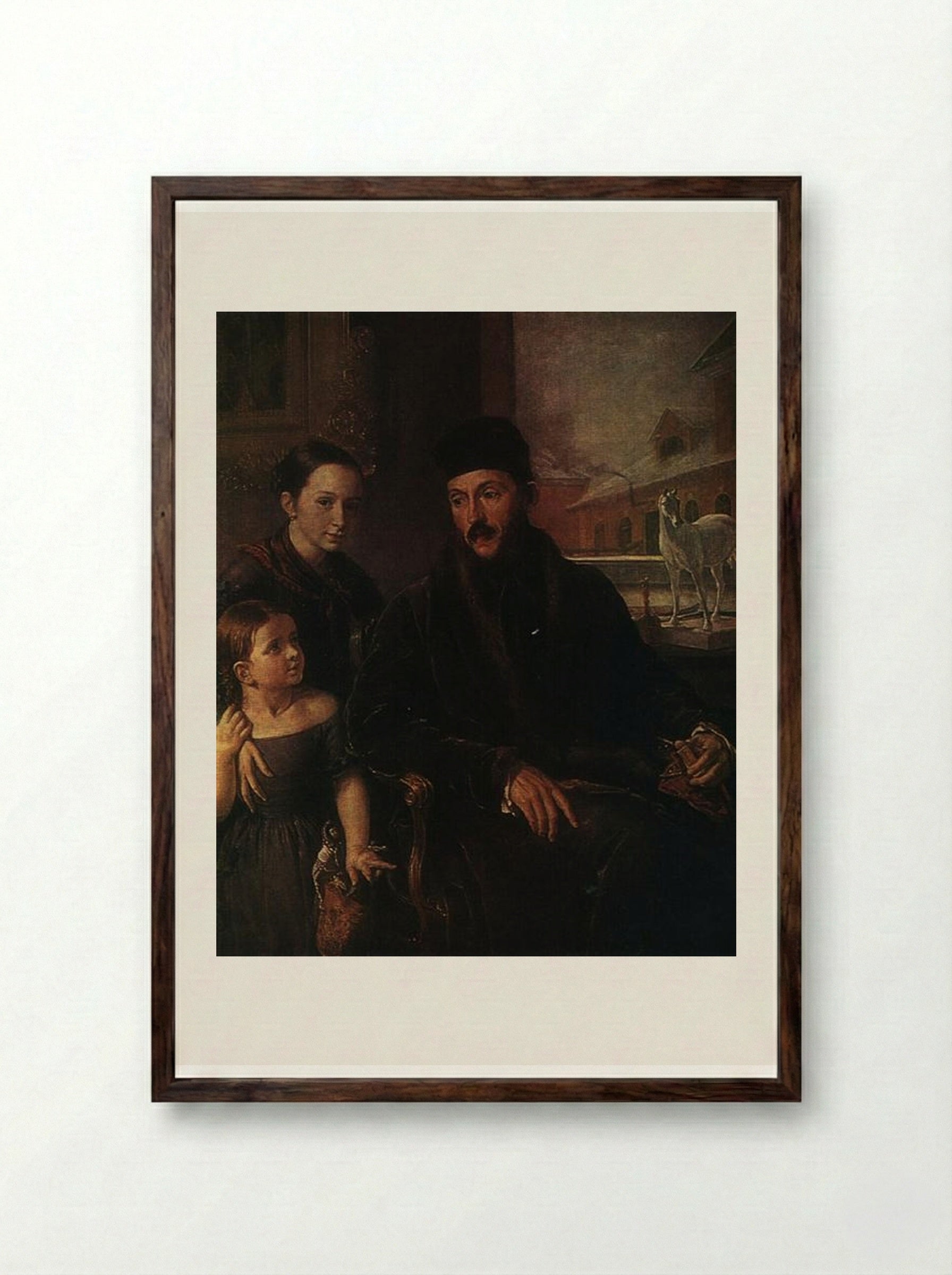Portrait of D. P. Voyeikov with His Daughter and the Governess Miss Sorock - Vasily Tropinin - Framed Print Dark Wood