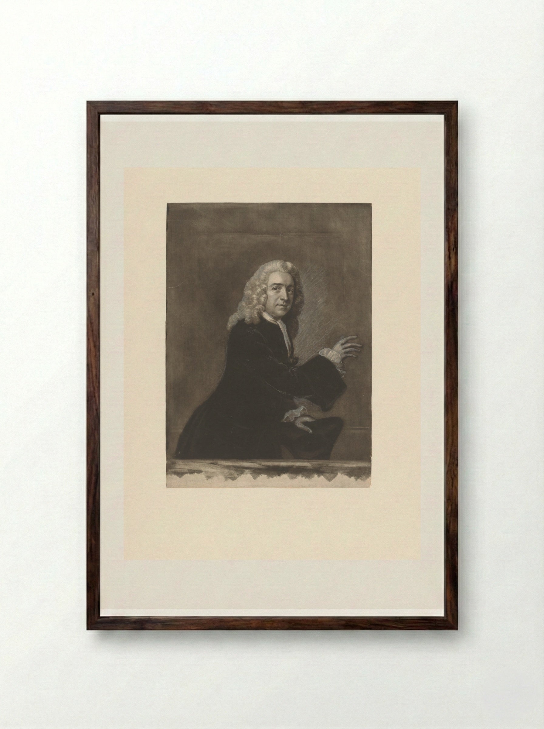 Portrait of David Garrick as Peter Puff - James McArdell - Framed Print Dark Wood