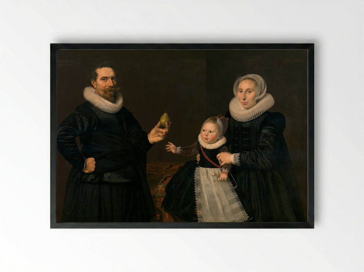 Portrait of Dirck Hasselaer with his Wife and Child - Cornelis van der Voort - Framed Print Black