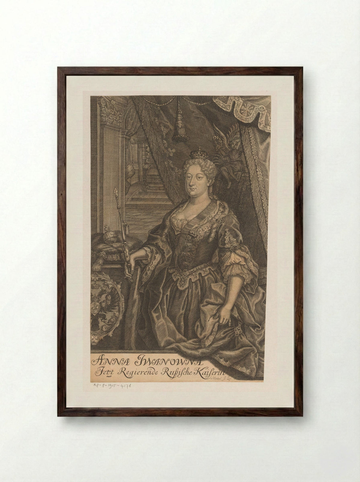 Portrait of Empress Anna of Russia - Johann Georg Mentzel - Framed Print Dark Wood