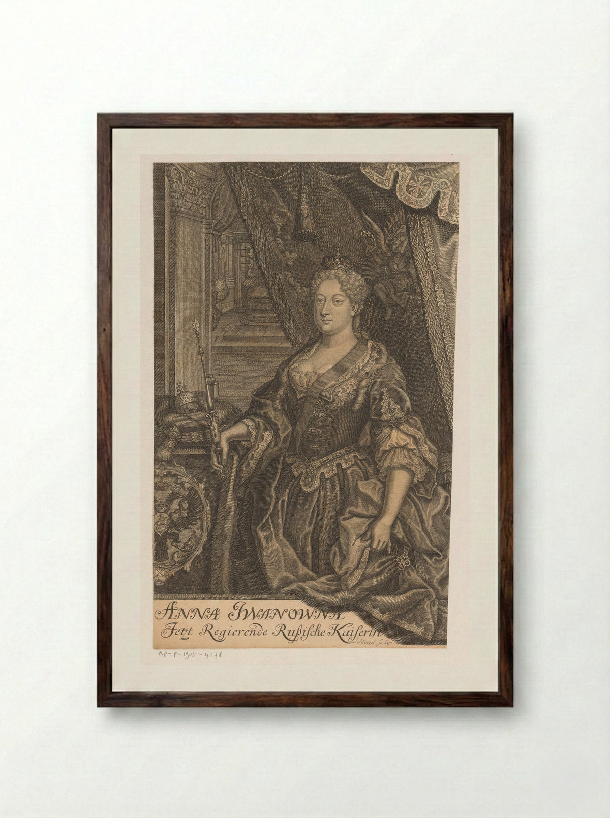 Portrait of Empress Anna of Russia - Johann Georg Mentzel - Framed Print Dark Wood