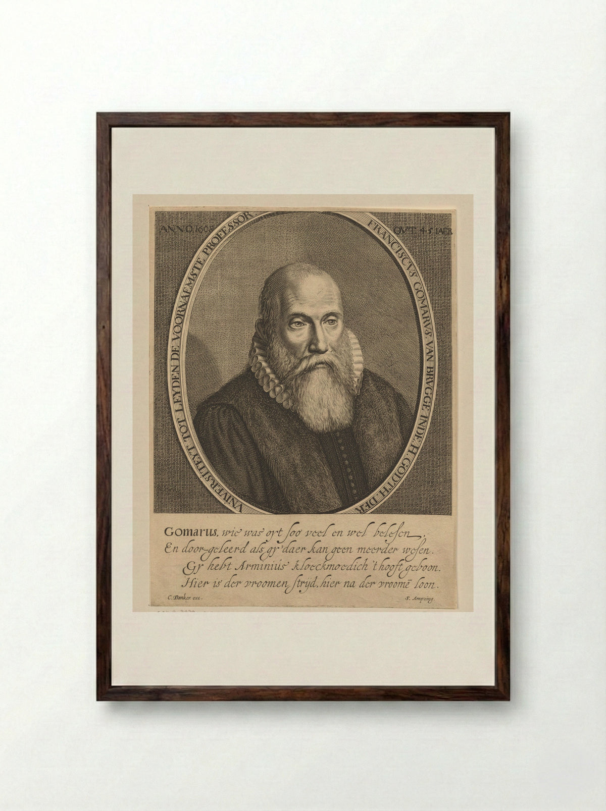 Portrait of Franciscus Gomarus at Age 45 - Cornelis Koning - Framed Print Dark Wood