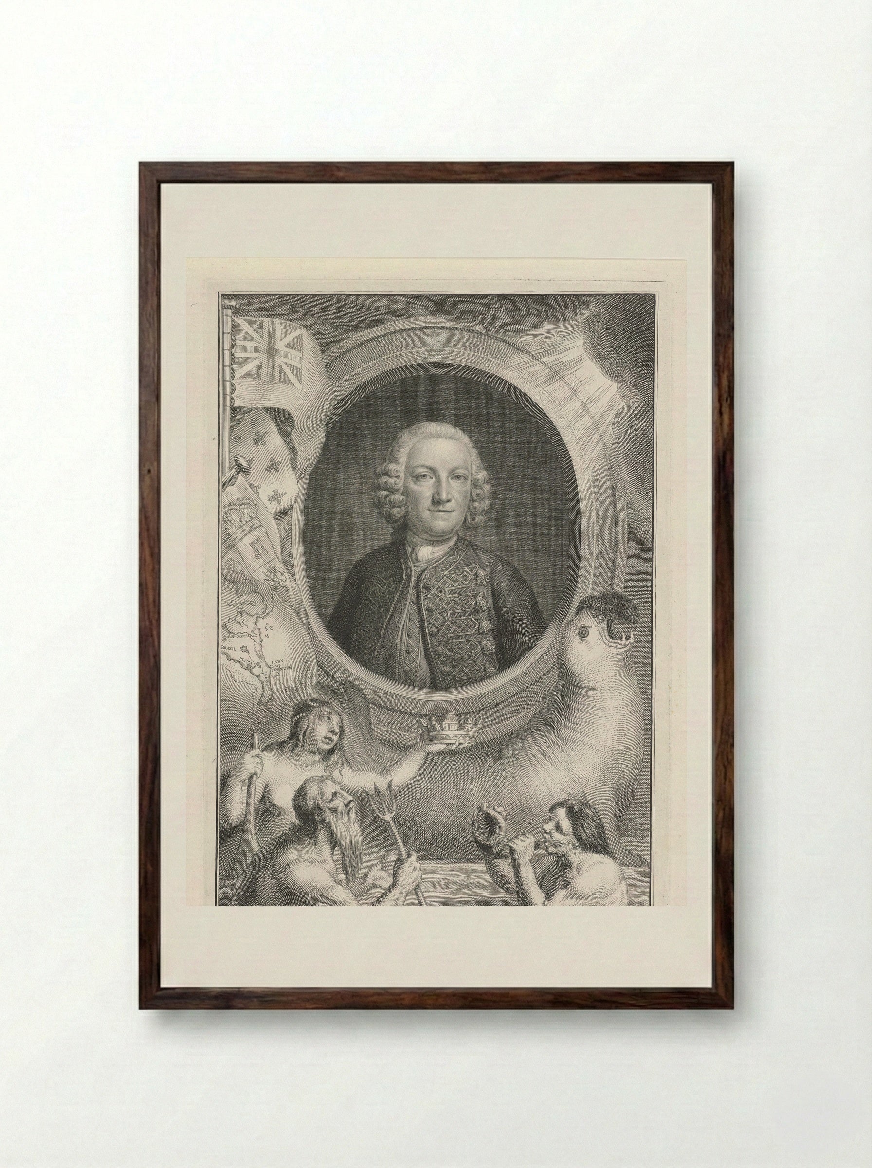Portrait of George Anson with Allegorical Figures - Jacob Houbraken - Framed Print Dark Wood