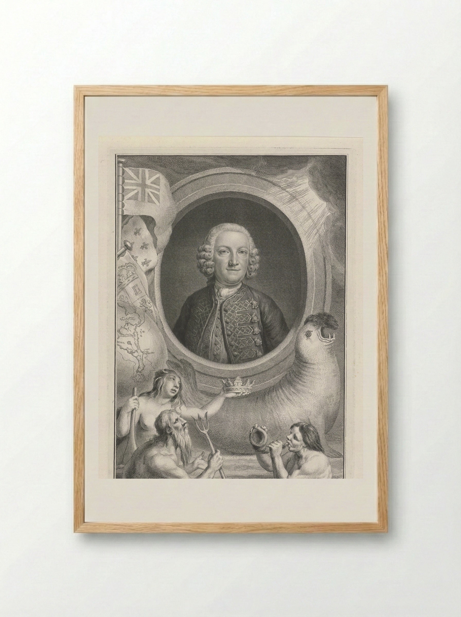 Portrait of George Anson with Allegorical Figures - Jacob Houbraken - Framed Print Wood