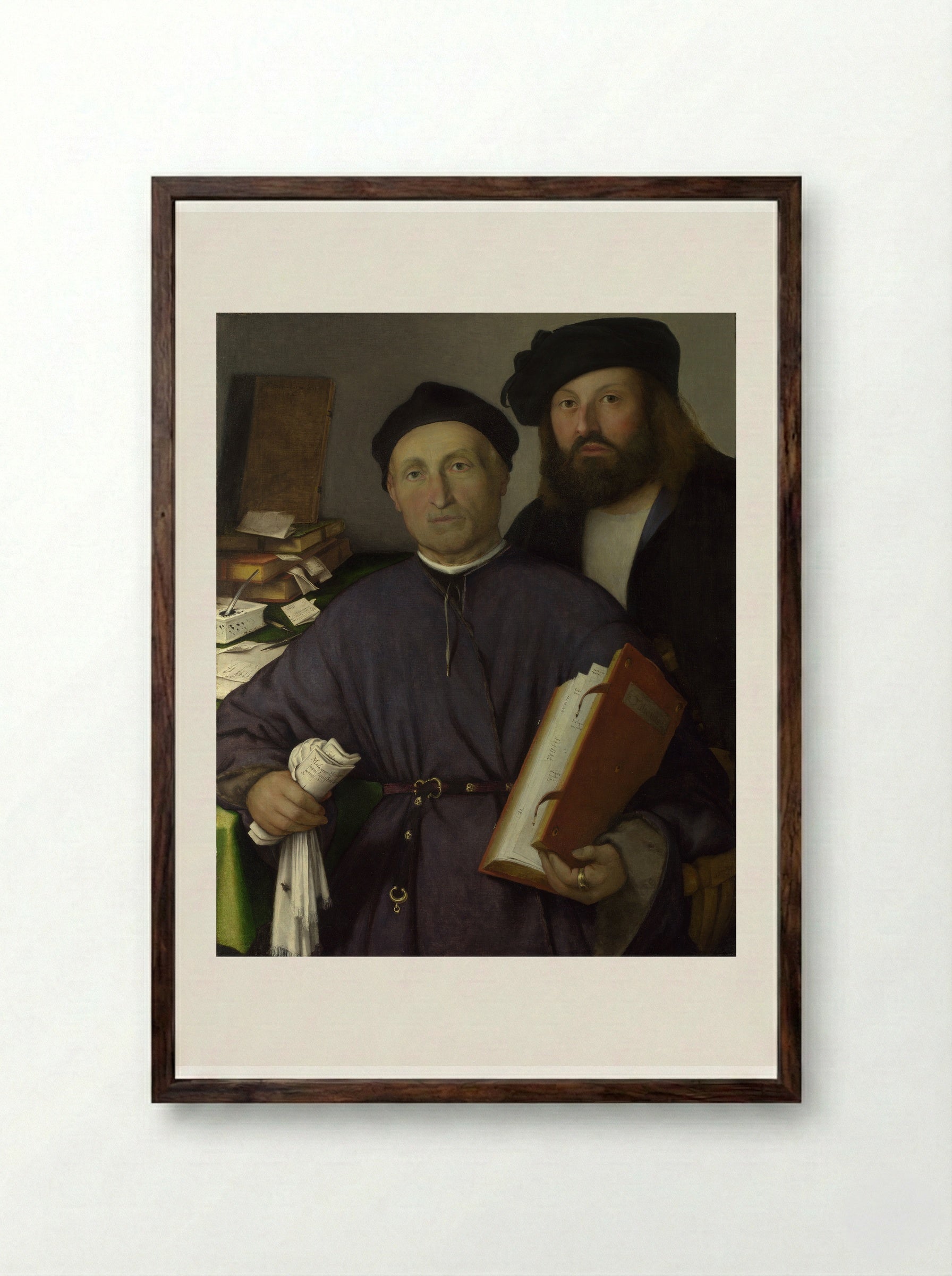 Portrait of Giovanni Agostino della Torre and his son Niccolò - Lorenzo Lotto - Framed Print Dark Wood