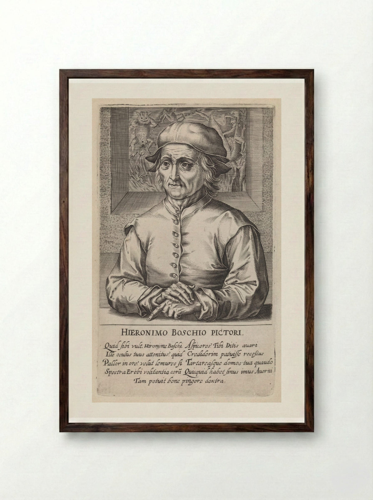 Portrait of Hieronymus Bosch - Hendrick Hondius (I) - Framed Print Dark Wood