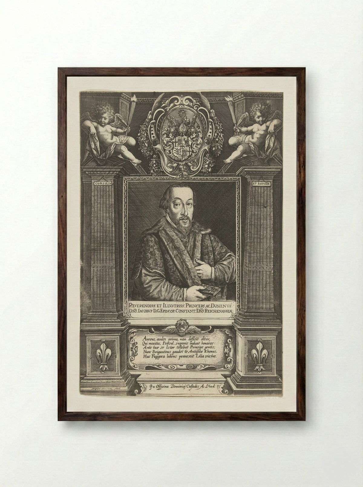 Portrait of Jacob Fugger, Bishop of Constance - Dominicus Custos - Framed Print Dark Wood