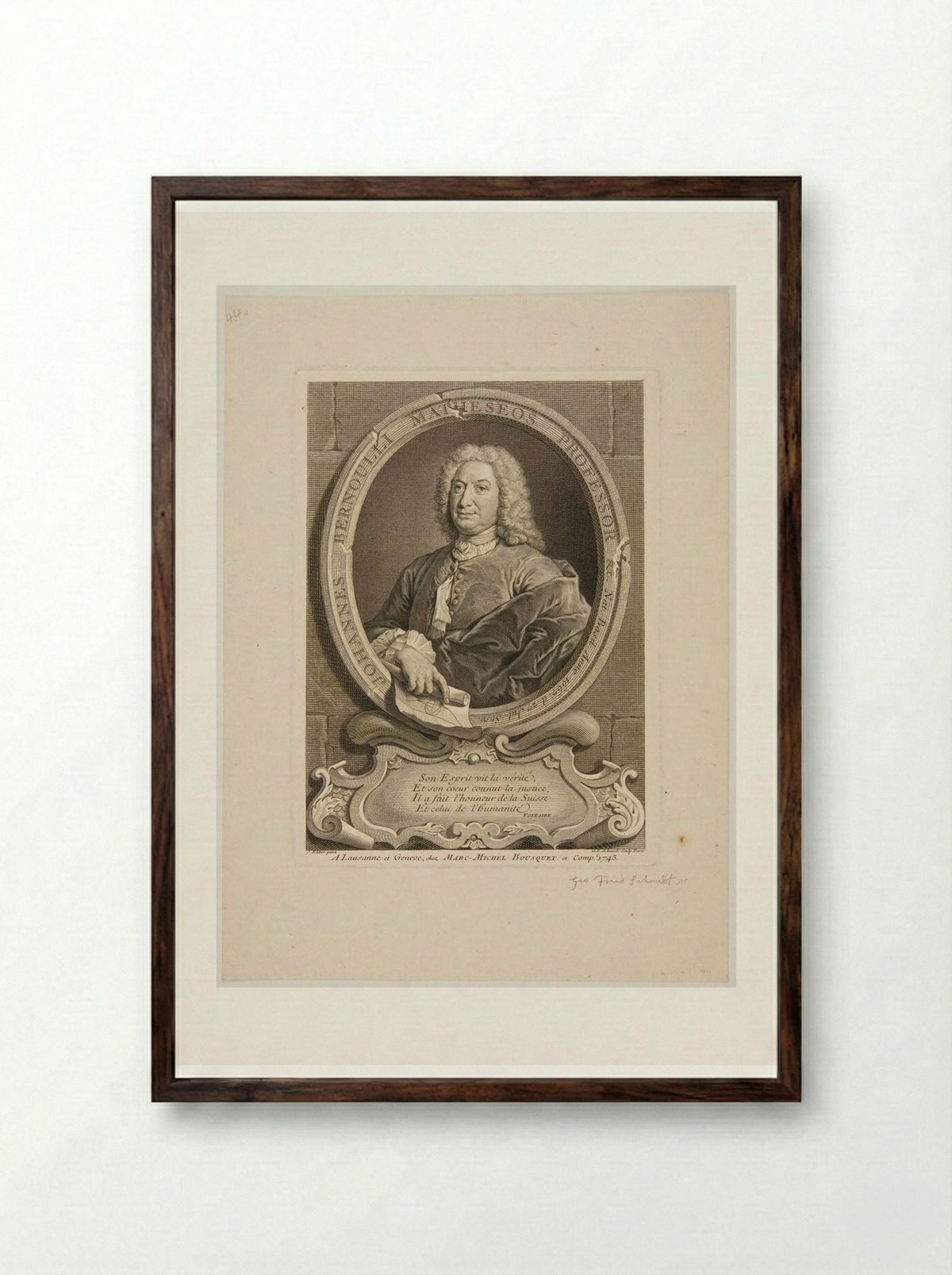 Portrait of Johann Bernoulli - Georg Friedrich Schmidt - Framed Print Dark Wood