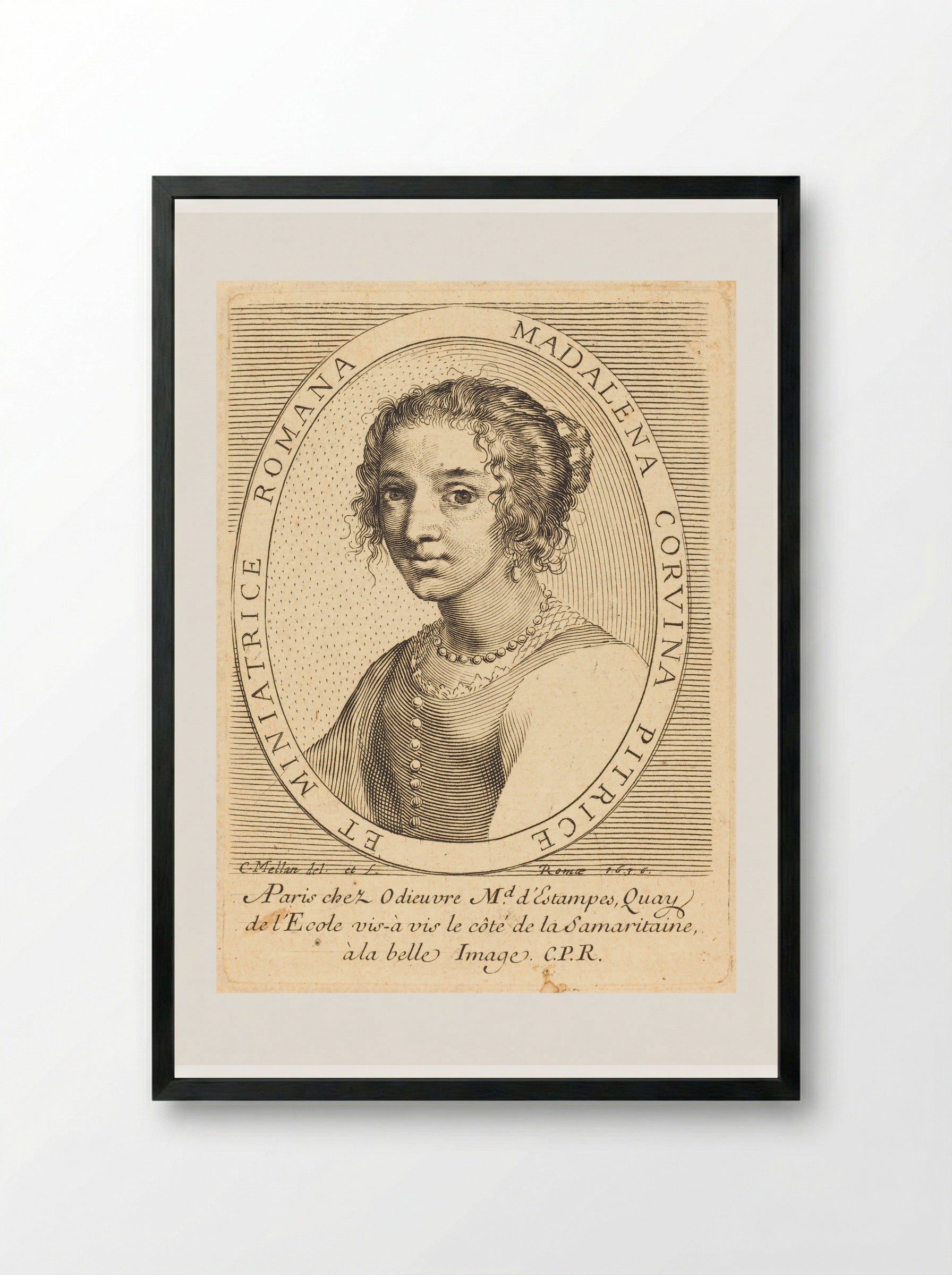 Portrait of Maddalena Corvina - Claude Mellan - Framed Print Black