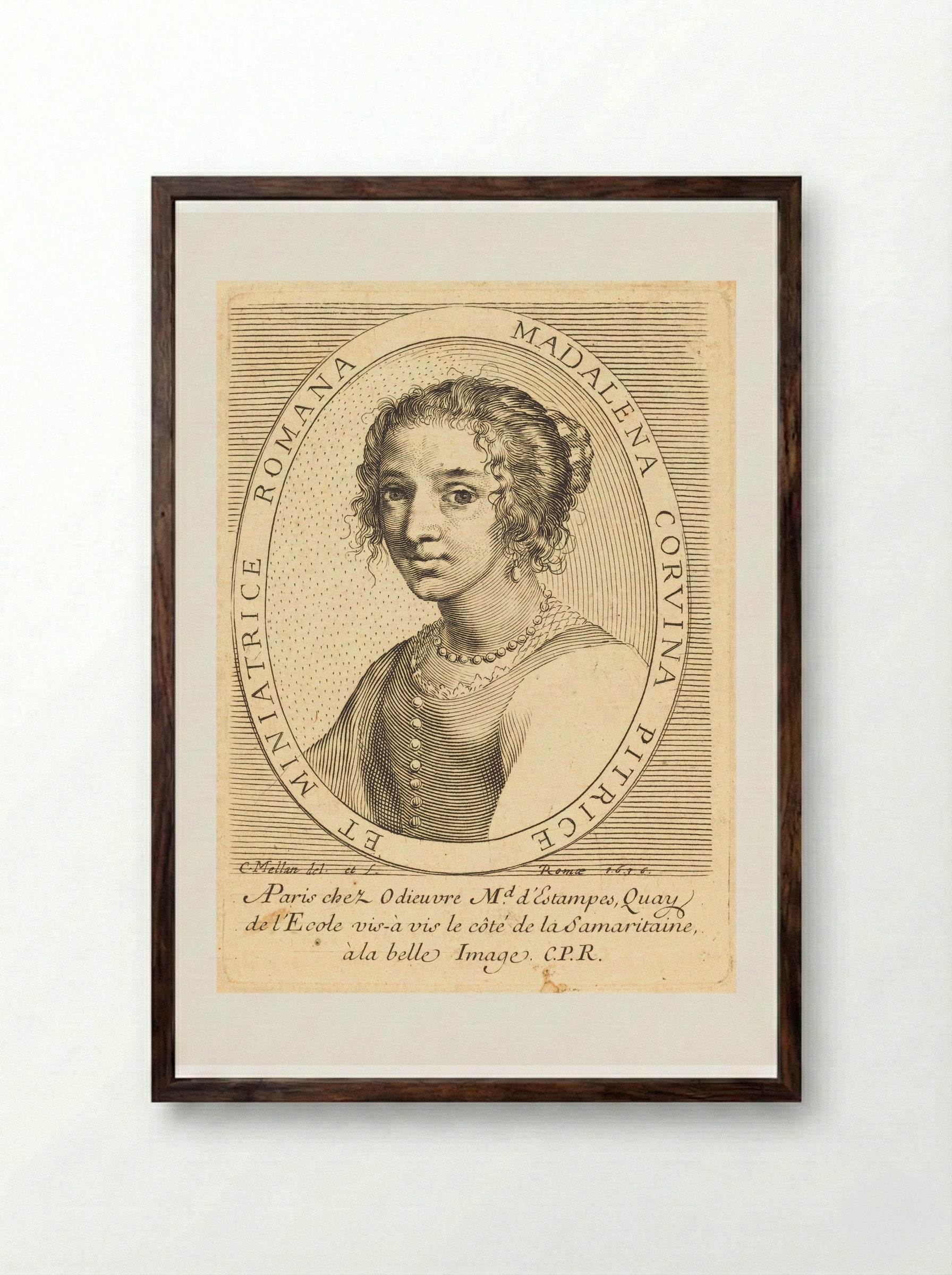 Portrait of Maddalena Corvina - Claude Mellan - Framed Print Dark Wood