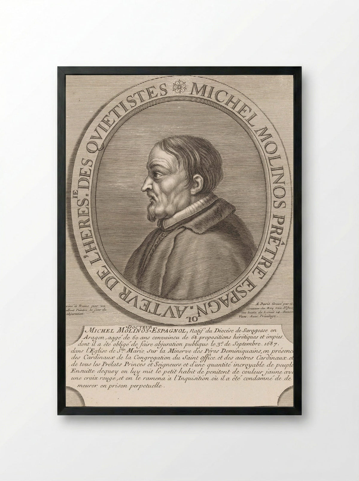 Portrait of Miguel de Molinos - Guillaume Vallet - Framed Print Black