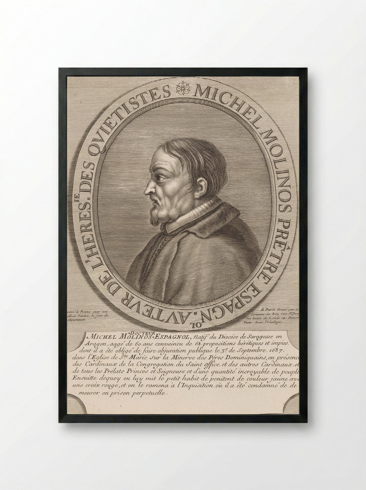 Portrait of Miguel de Molinos - Guillaume Vallet - Framed Print Black