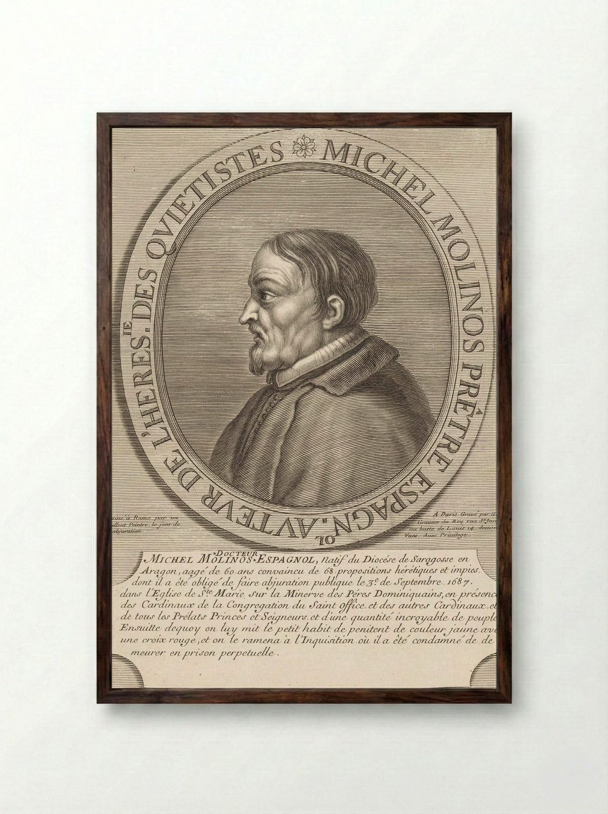 Portrait of Miguel de Molinos - Guillaume Vallet - Framed Print Dark Wood
