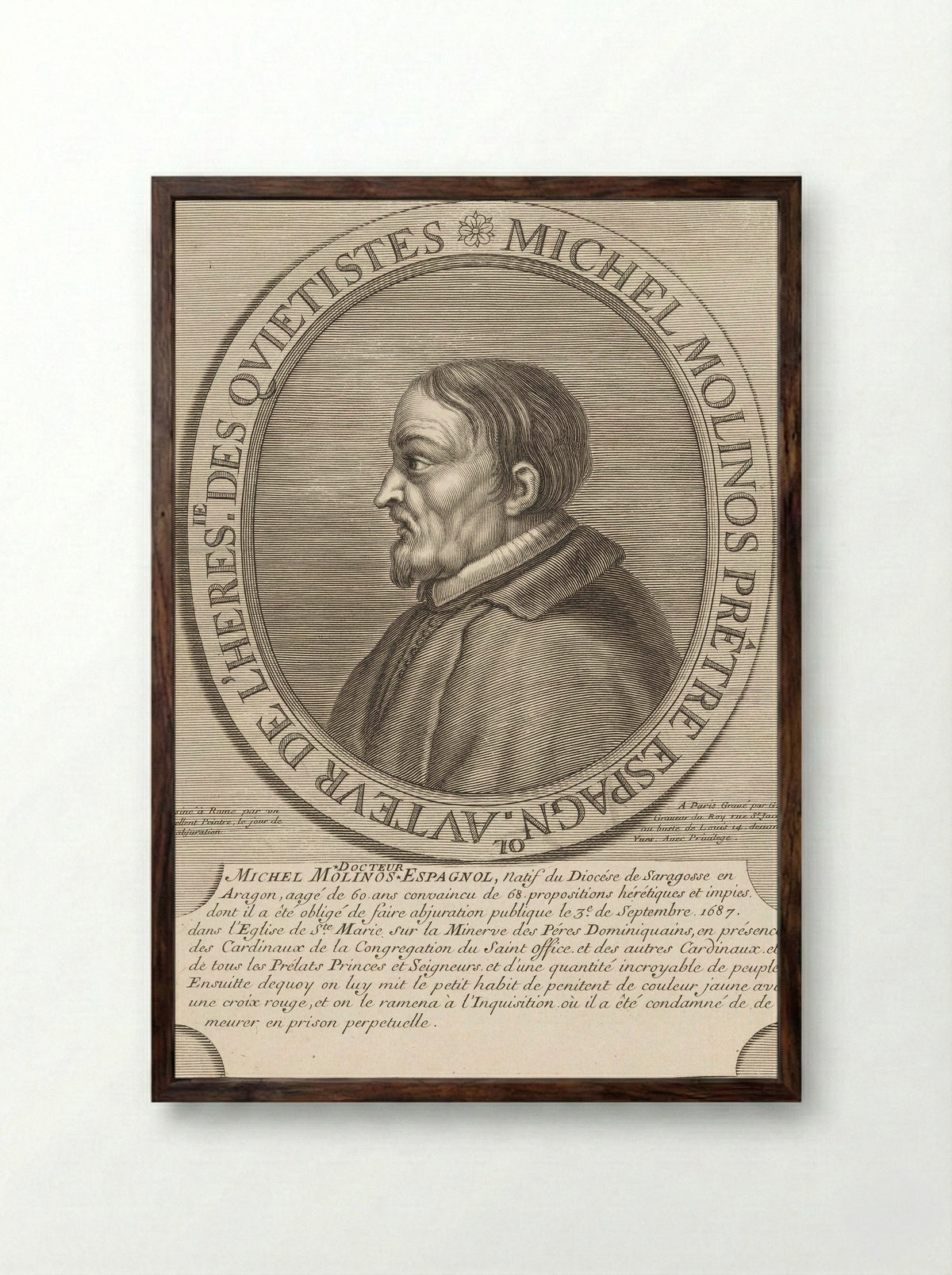 Portrait of Miguel de Molinos - Guillaume Vallet - Framed Print Dark Wood