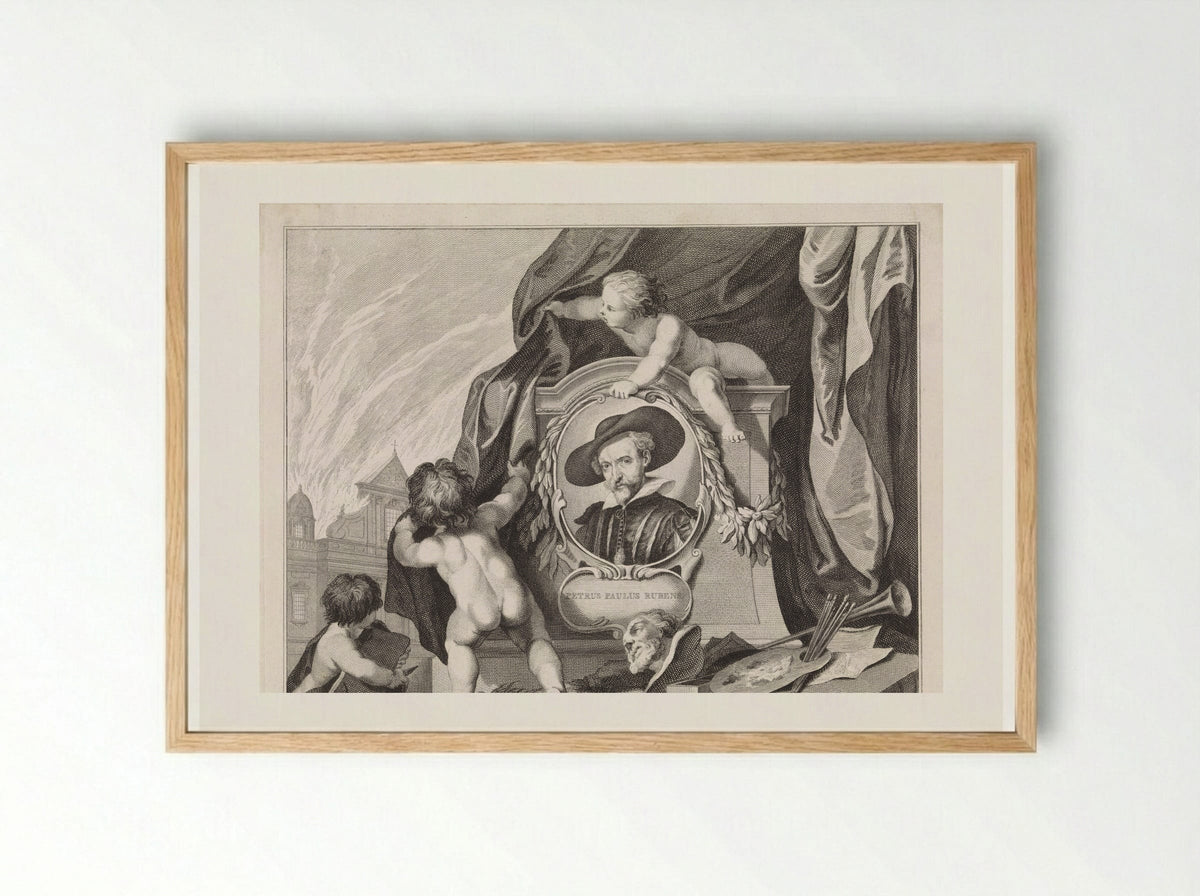 Portrait of Peter Paul Rubens in a Medallion with Putti and Artist Attributes - Jan Punt - Framed Print Wood