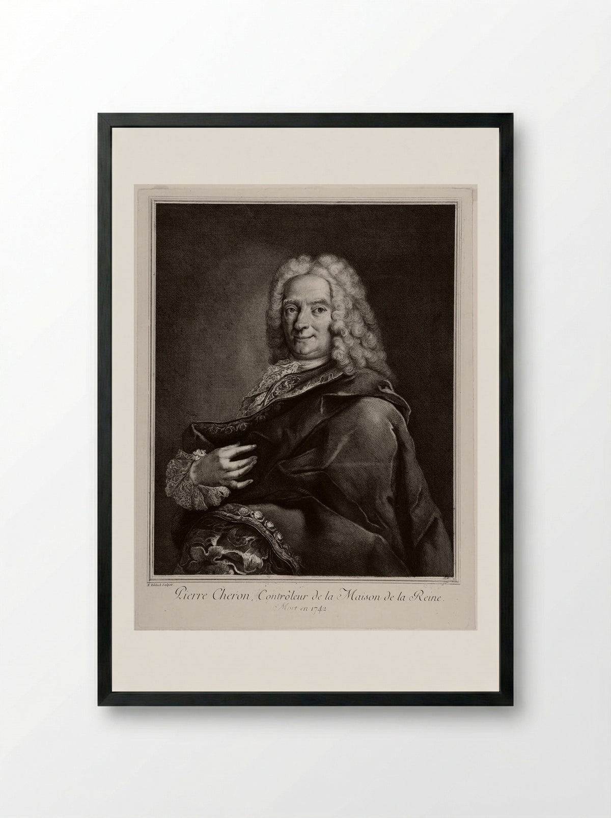 Portrait of Pierre Chéron - Nicolas Edelinck - Framed Print Black