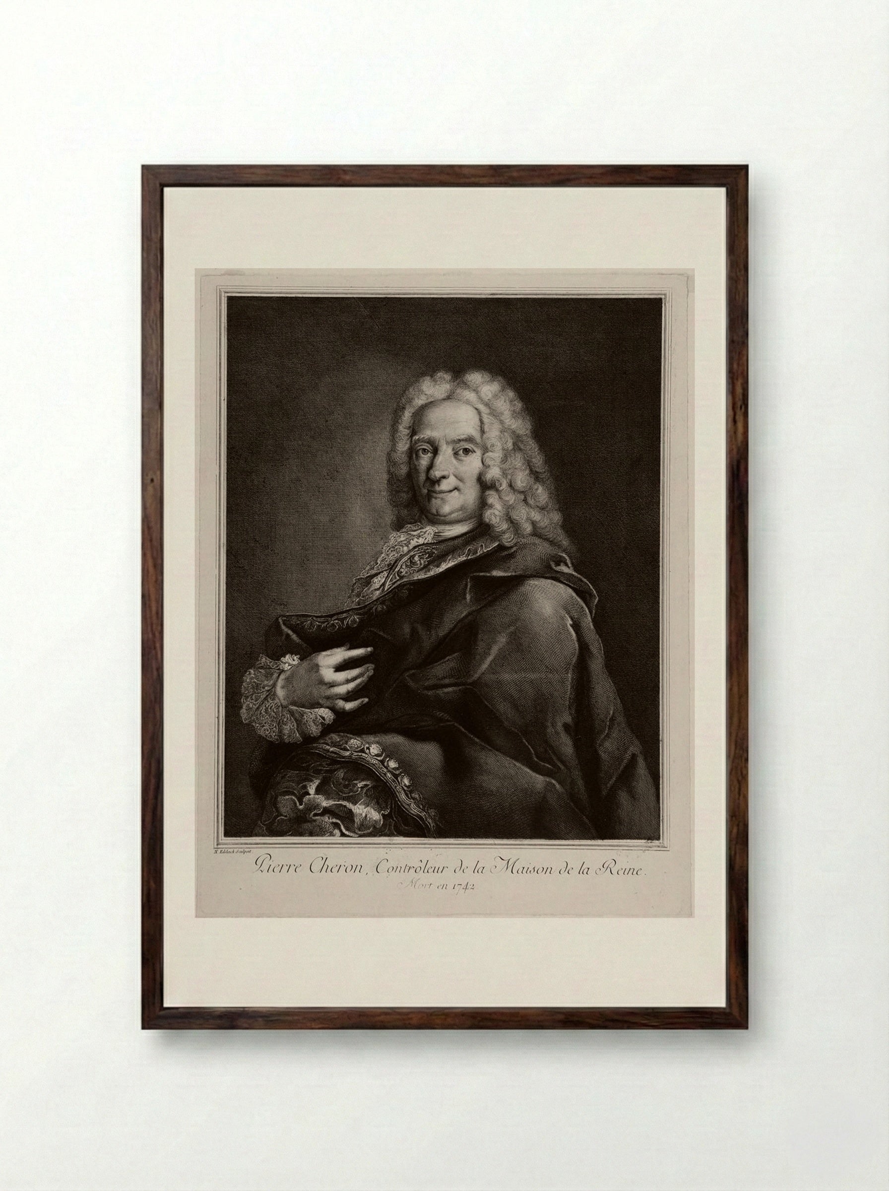 Portrait of Pierre Chéron - Nicolas Edelinck - Framed Print Dark Wood