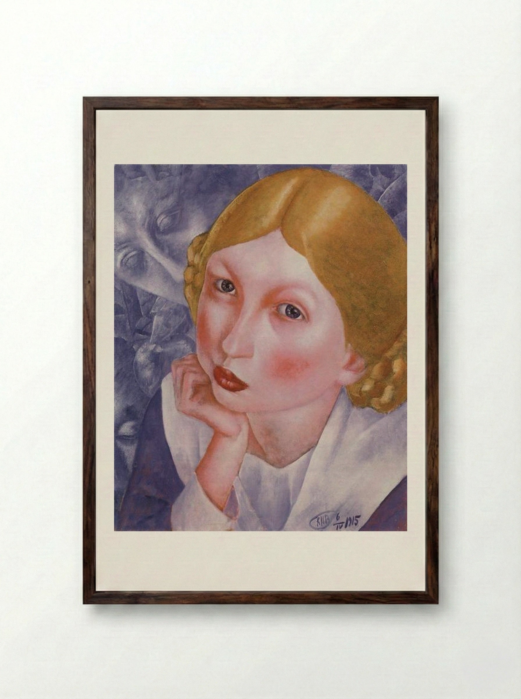 Portrait of Ria (Portrait of A.A. Kholopova) - Kuzma Petrov-Vodkin - Framed Print Dark Wood
