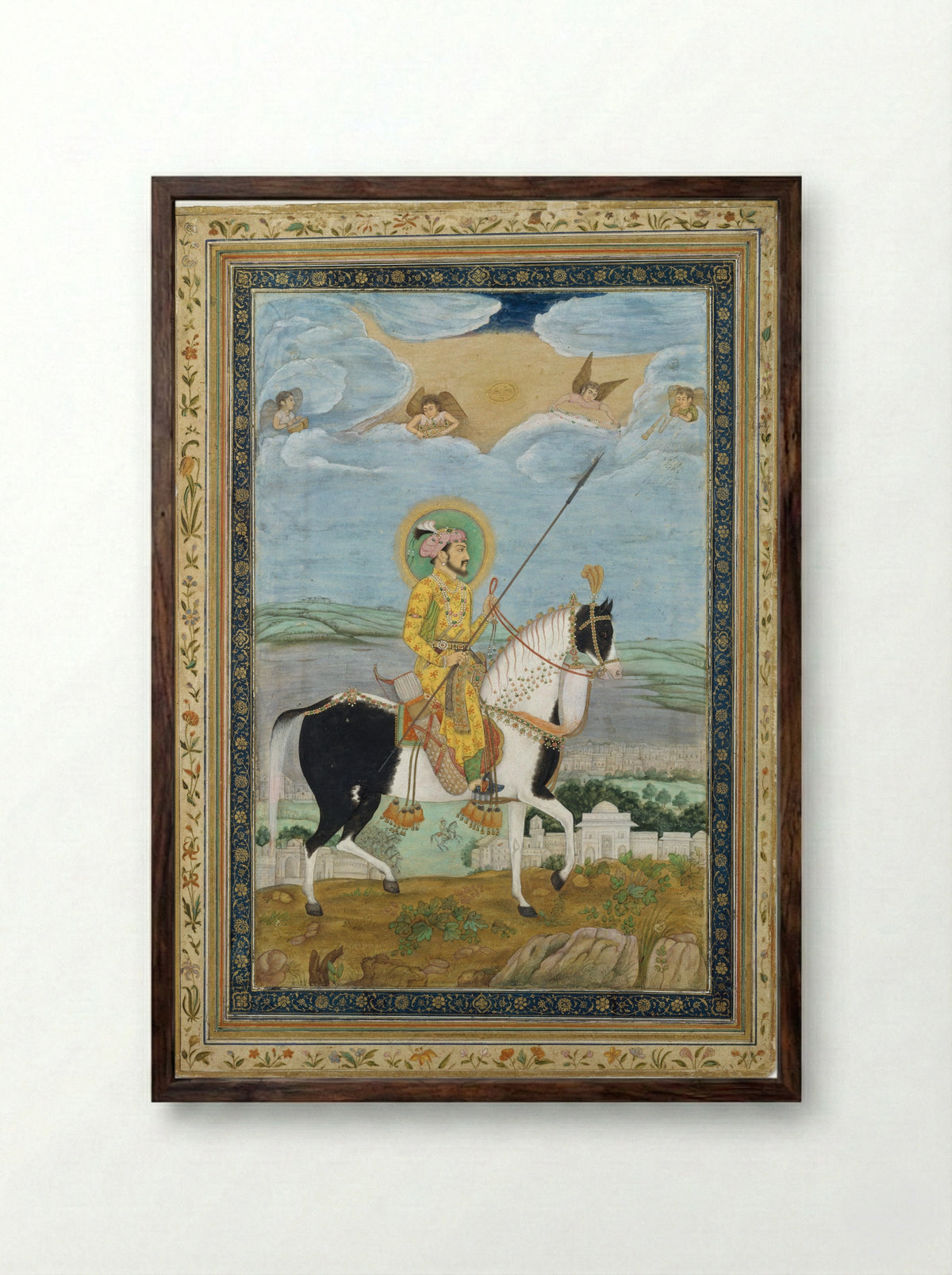 Portrait of Shah Jahan on Horseback - Fine Art Print - Framed Print Dark Wood