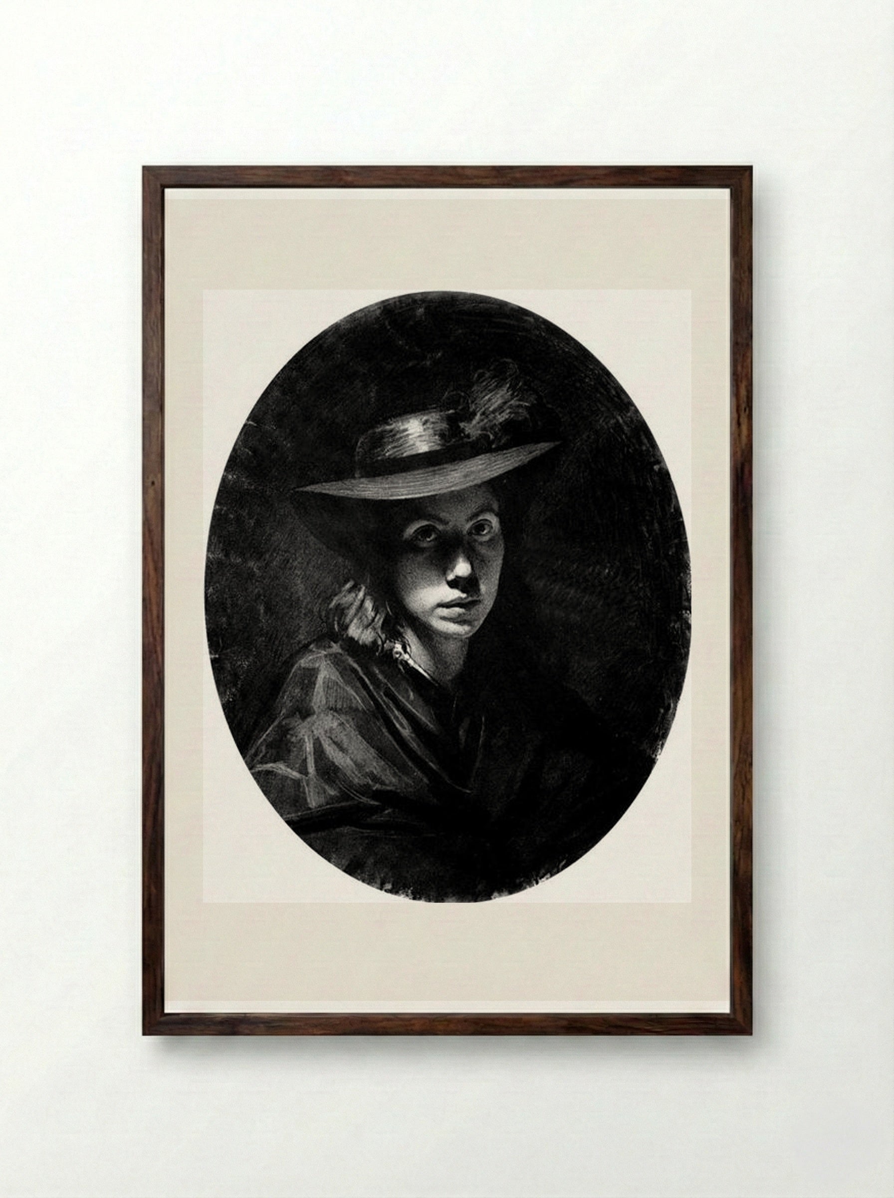 Portrait of Sofia Nikolaevna Kramskoy (in hat) - Ivan Kramskoy - Framed Print Dark Wood