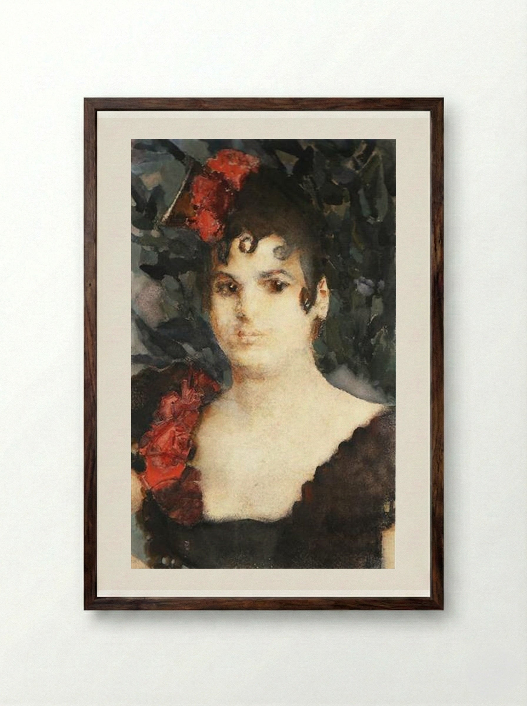 Portrait of Tatyana Lyubatovich as Carmen - Mikhail Vrubel - Framed Print Dark Wood
