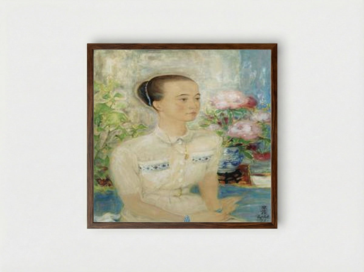 Portrait of a Beauty Among Peonies - Le Pho - Framed Print Dark Wood