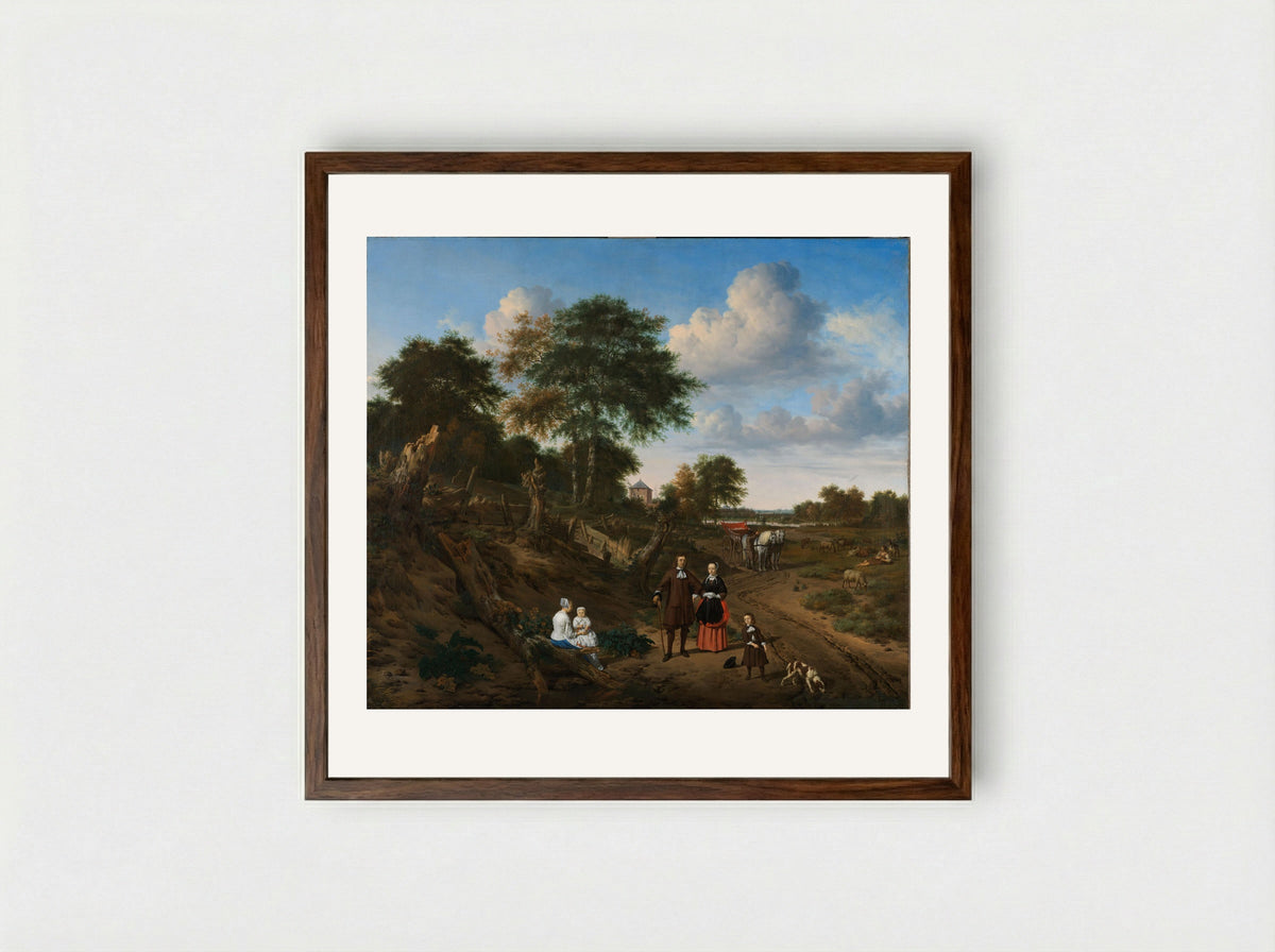 Portrait of a Couple with Two Children and a Nurse in a Landscape - Adriaen van de Velde - Framed Print Dark Wood