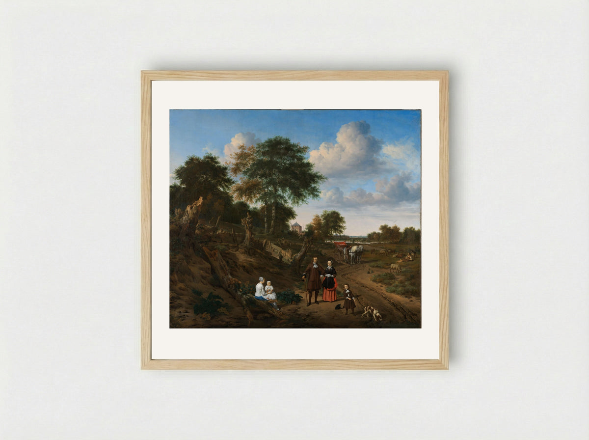 Portrait of a Couple with Two Children and a Nurse in a Landscape - Adriaen van de Velde - Framed Print Wood