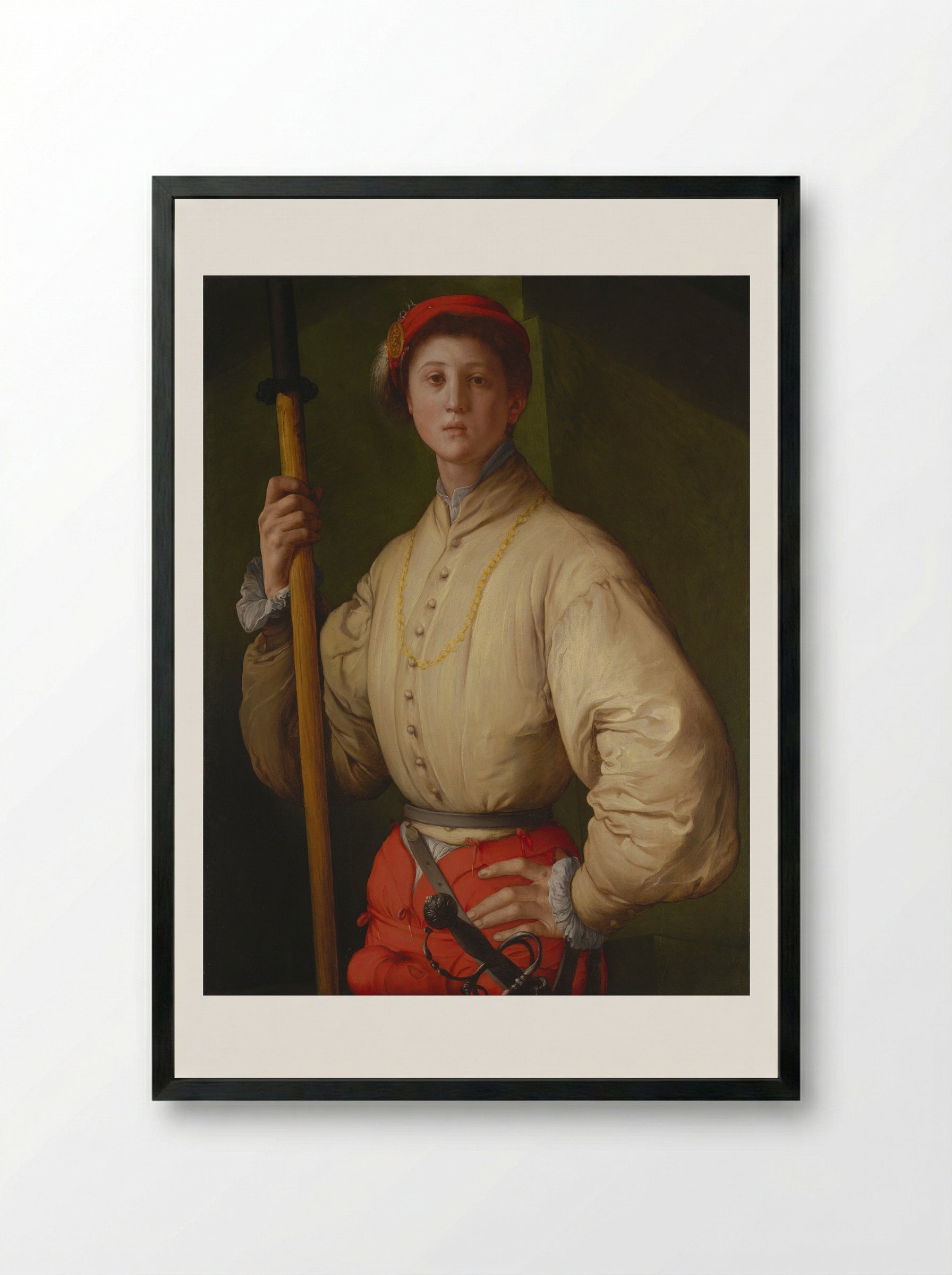Portrait of a Halberdier - Jacopo Pontormo - Framed Print Black
