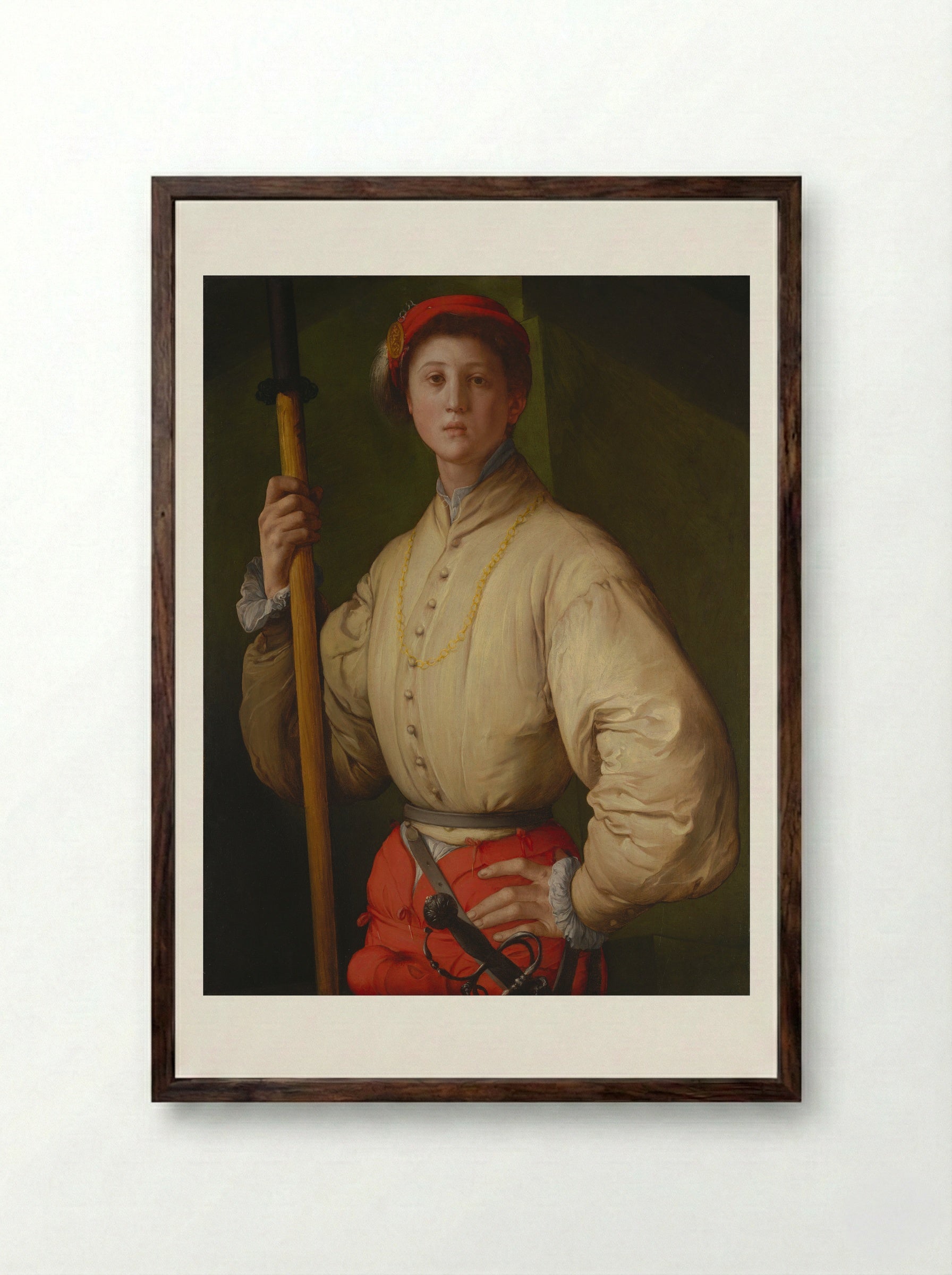 Portrait of a Halberdier - Jacopo Pontormo - Framed Print Dark Wood