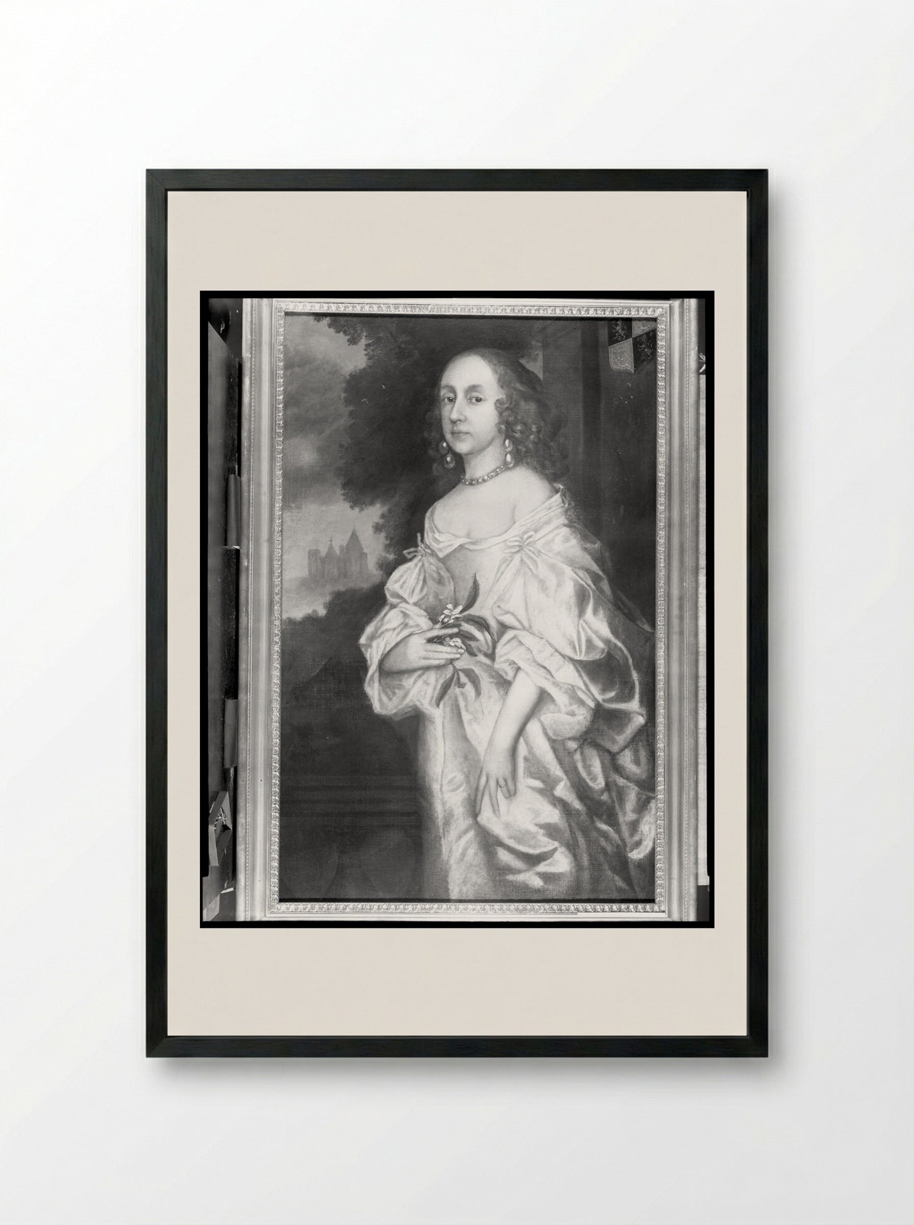 Portrait of a Lady with Castle and Trees in Background - Anthony van Dyck - Framed Print Black