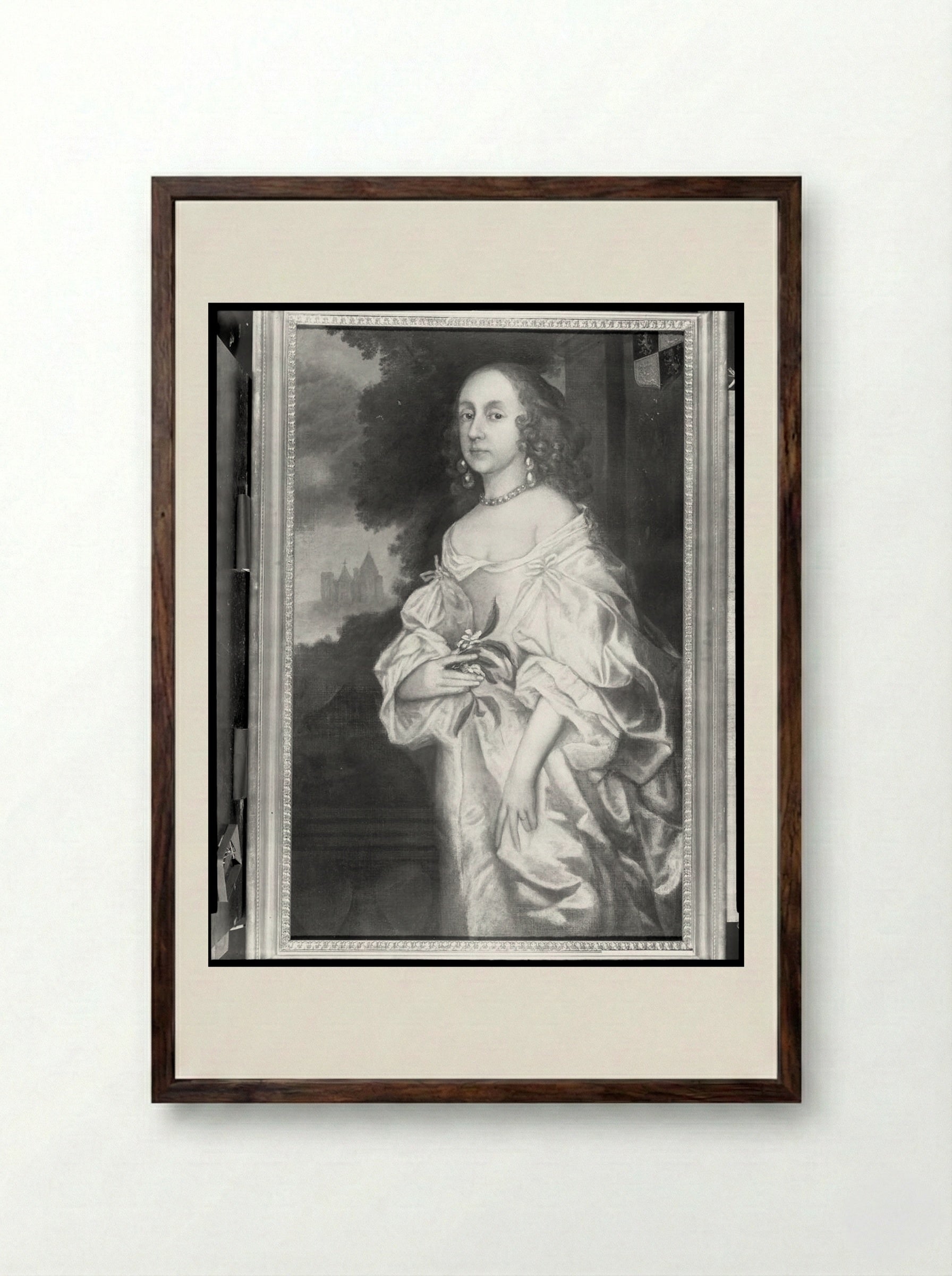 Portrait of a Lady with Castle and Trees in Background - Anthony van Dyck - Framed Print Dark Wood
