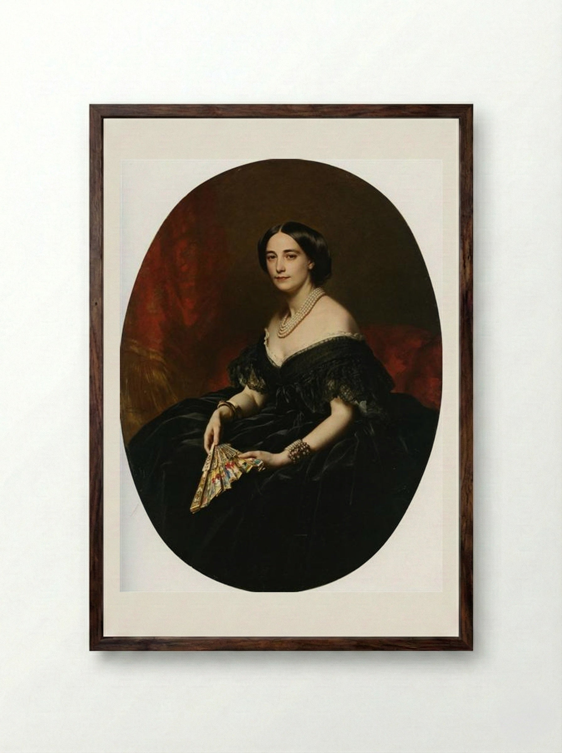 Portrait of a Lady with a Fan - Franz Xaver Winterhalter - Framed Print Dark Wood