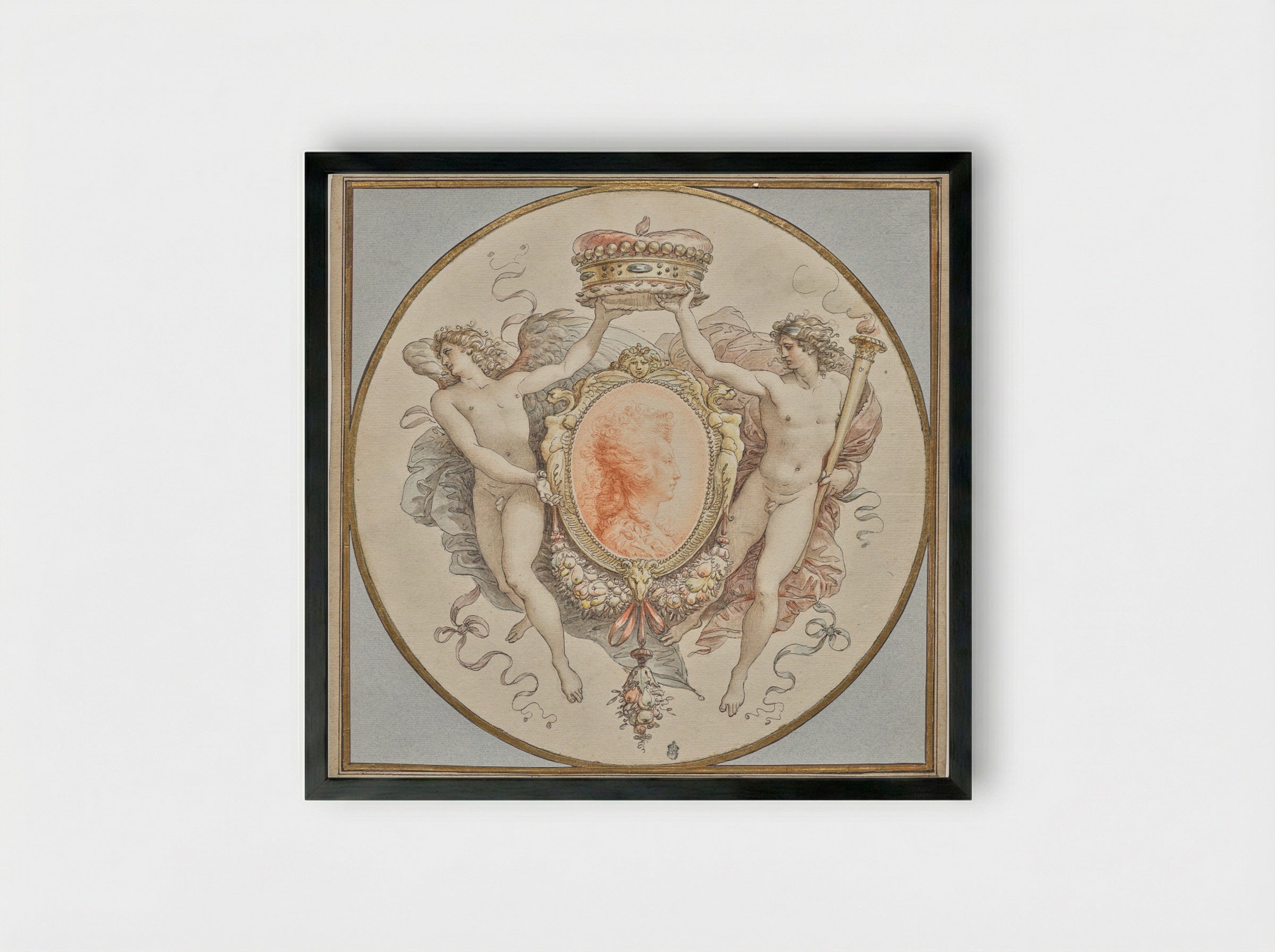 Portrait of a Lady with an Elaborate Cartouche - Giuseppe Cades - Framed Print Black