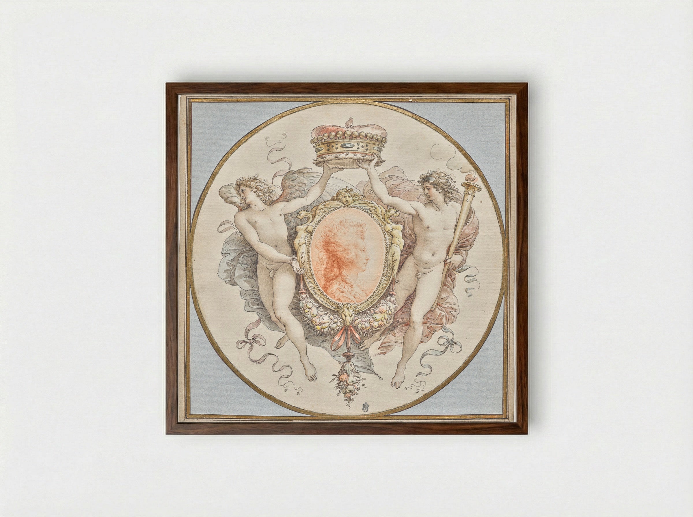Portrait of a Lady with an Elaborate Cartouche - Giuseppe Cades - Framed Print Dark Wood