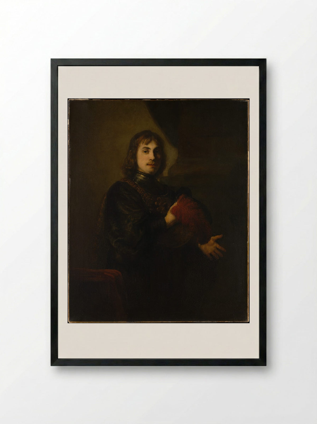 Portrait of a Man with a Breastplate and Plumed Hat - Rembrandt van Rijn - Framed Print Black